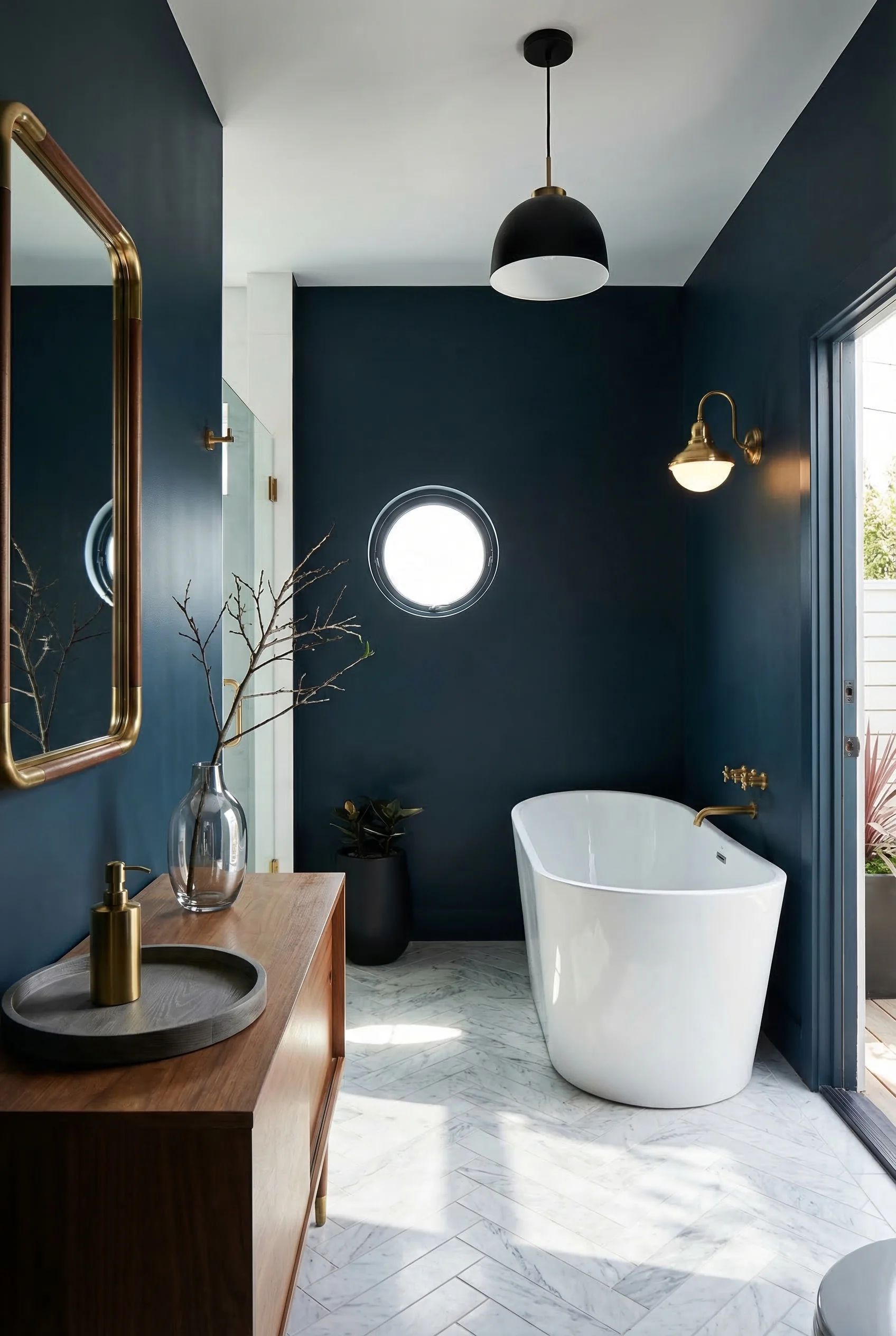 Modern small bathroom featuring brass wall mirror with navy Stiffkey Blue walls and herringbone marble floor