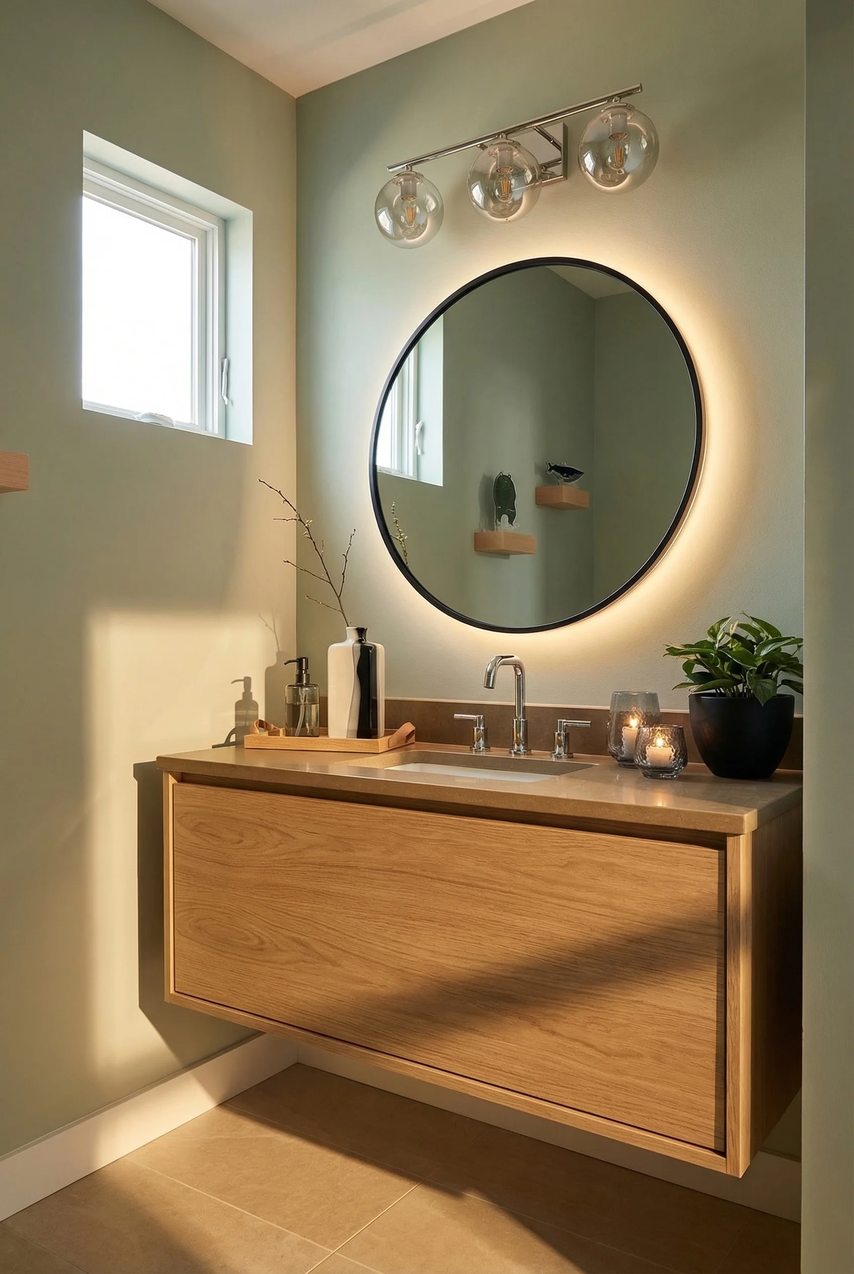 Modern small bathroom featuring oak floating vanity with round backlit mirror and glass candle holders