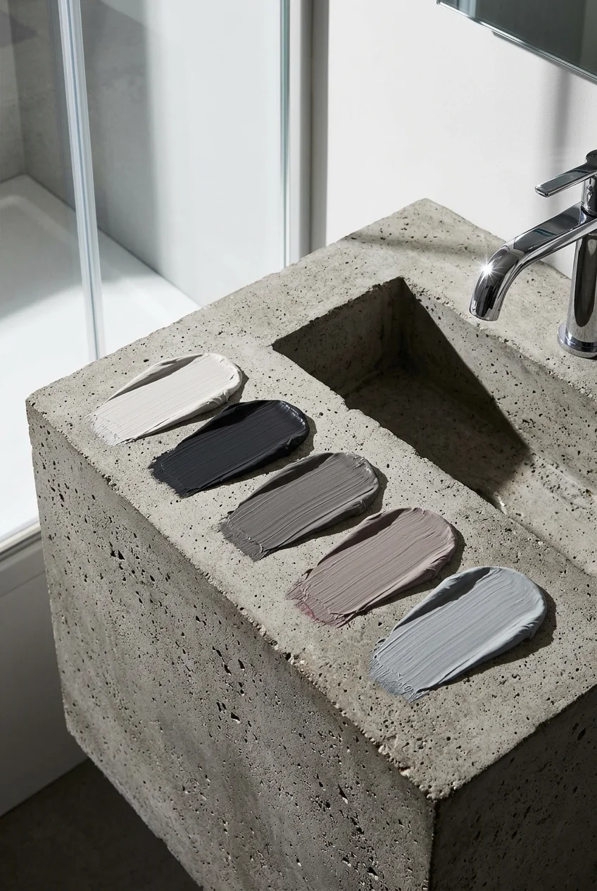 Modern small bathroom color palette featuring five Farrow and Ball paint samples on concrete surface