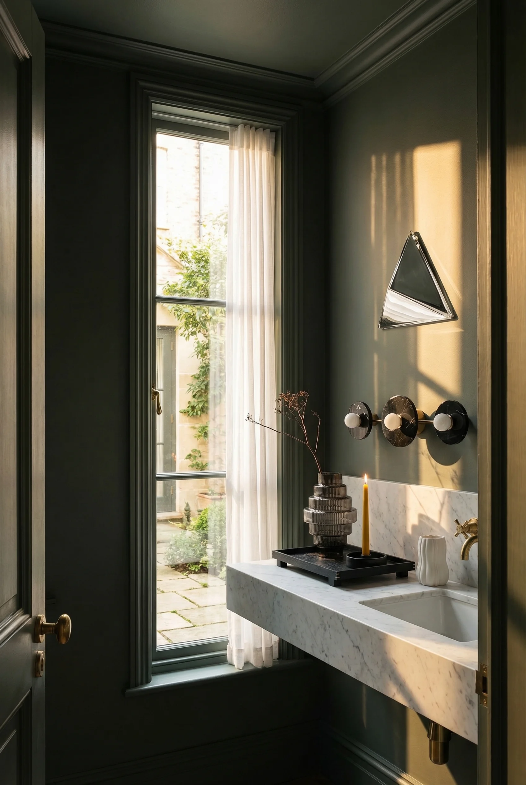 Modern small bathroom featuring sculptural silver mirror with deep sage Card Room Green walls