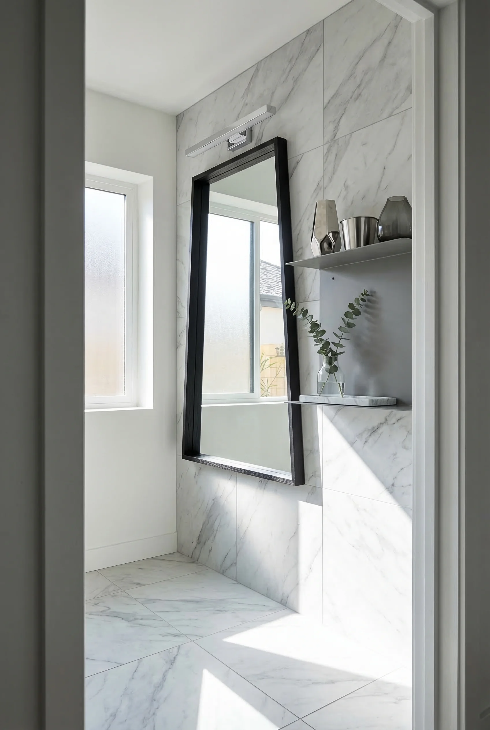Modern small bathroom tile featuring black oak framed mirror with chrome vanity light and marble porcelain walls