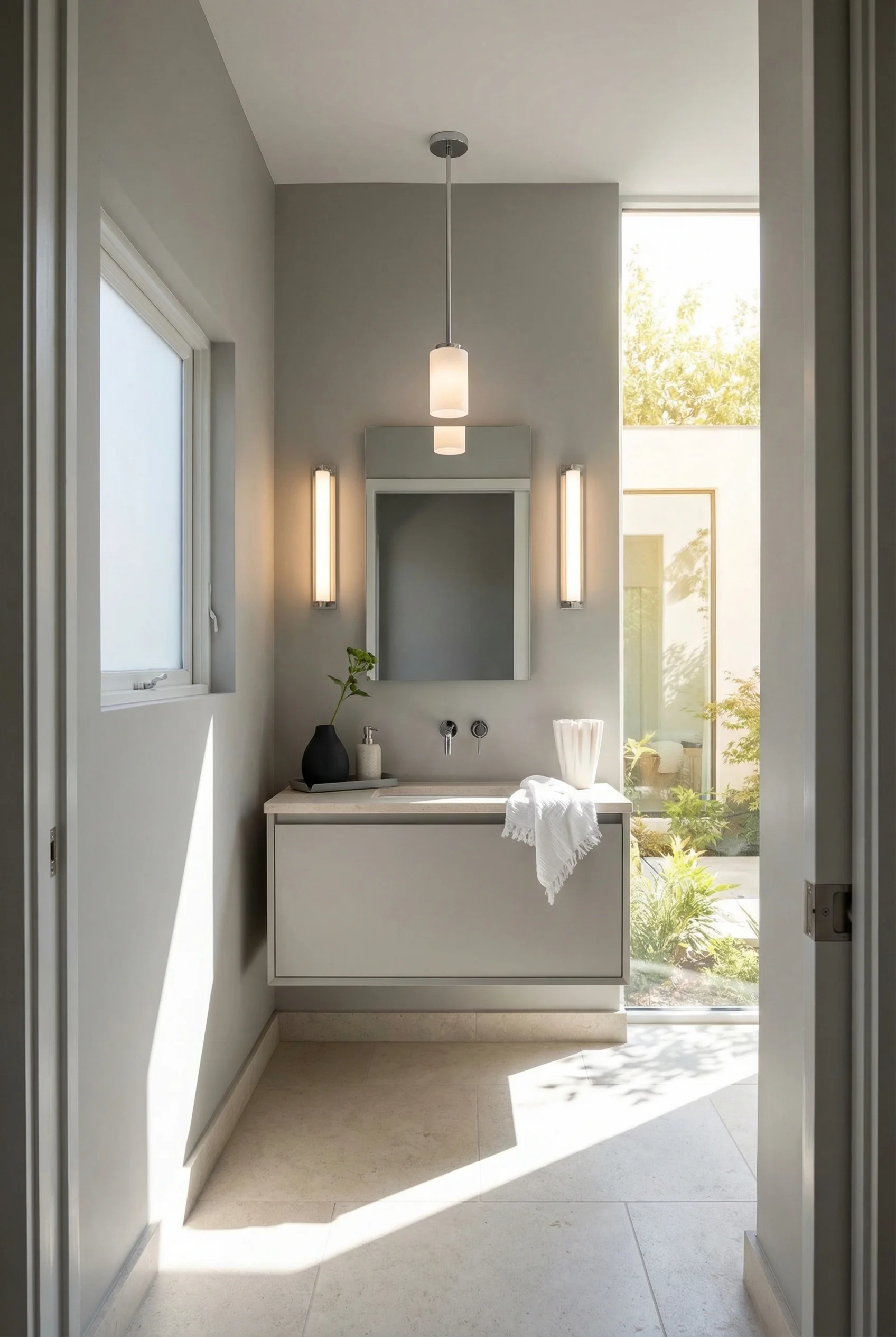 Modern small bathroom lighting featuring vista vanity mirror with paired swale sconces and oslo pendant