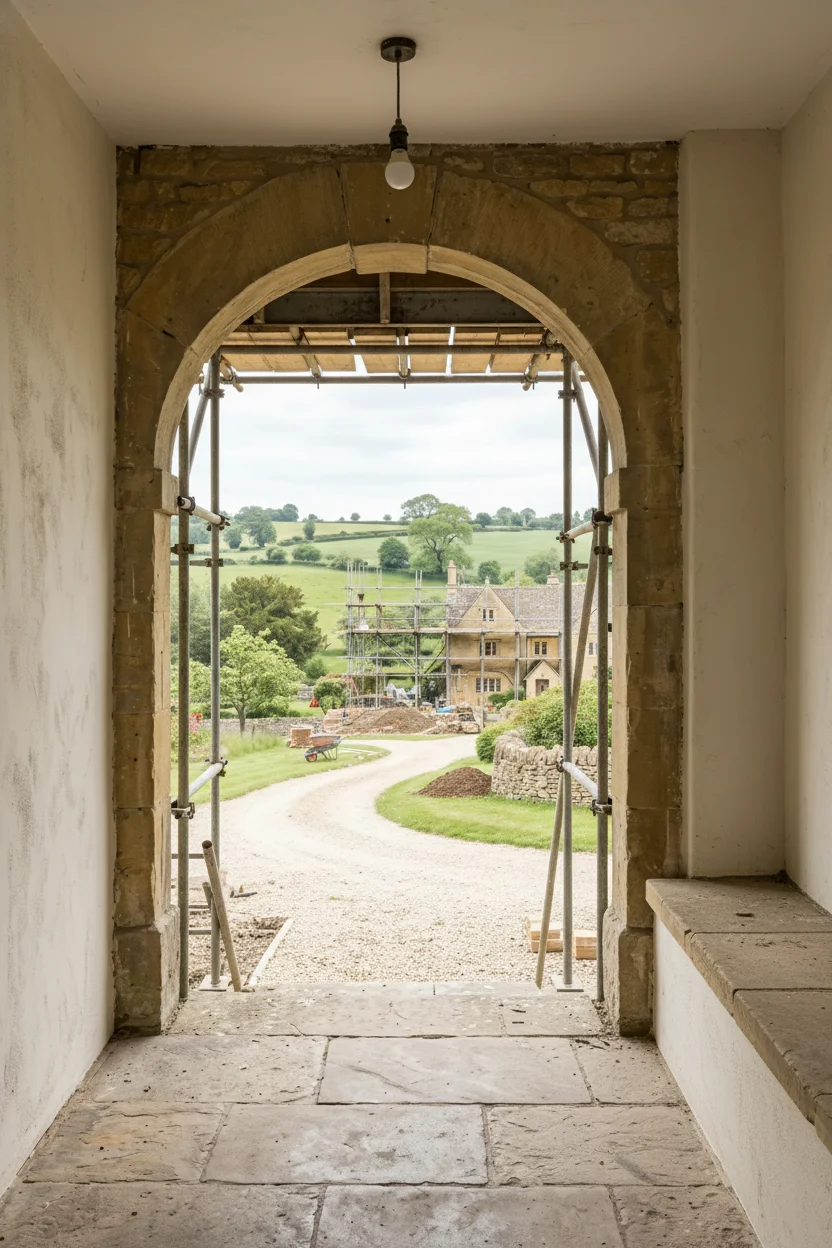 English Country House Exterior cotswolds stone roof pitch design scene empty room