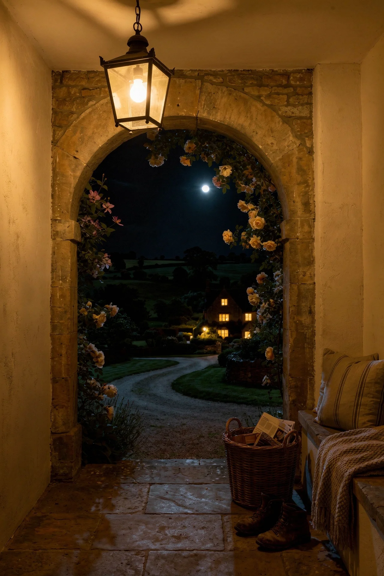 English Country House Exterior cotswolds stone roof pitch design scene evening mood