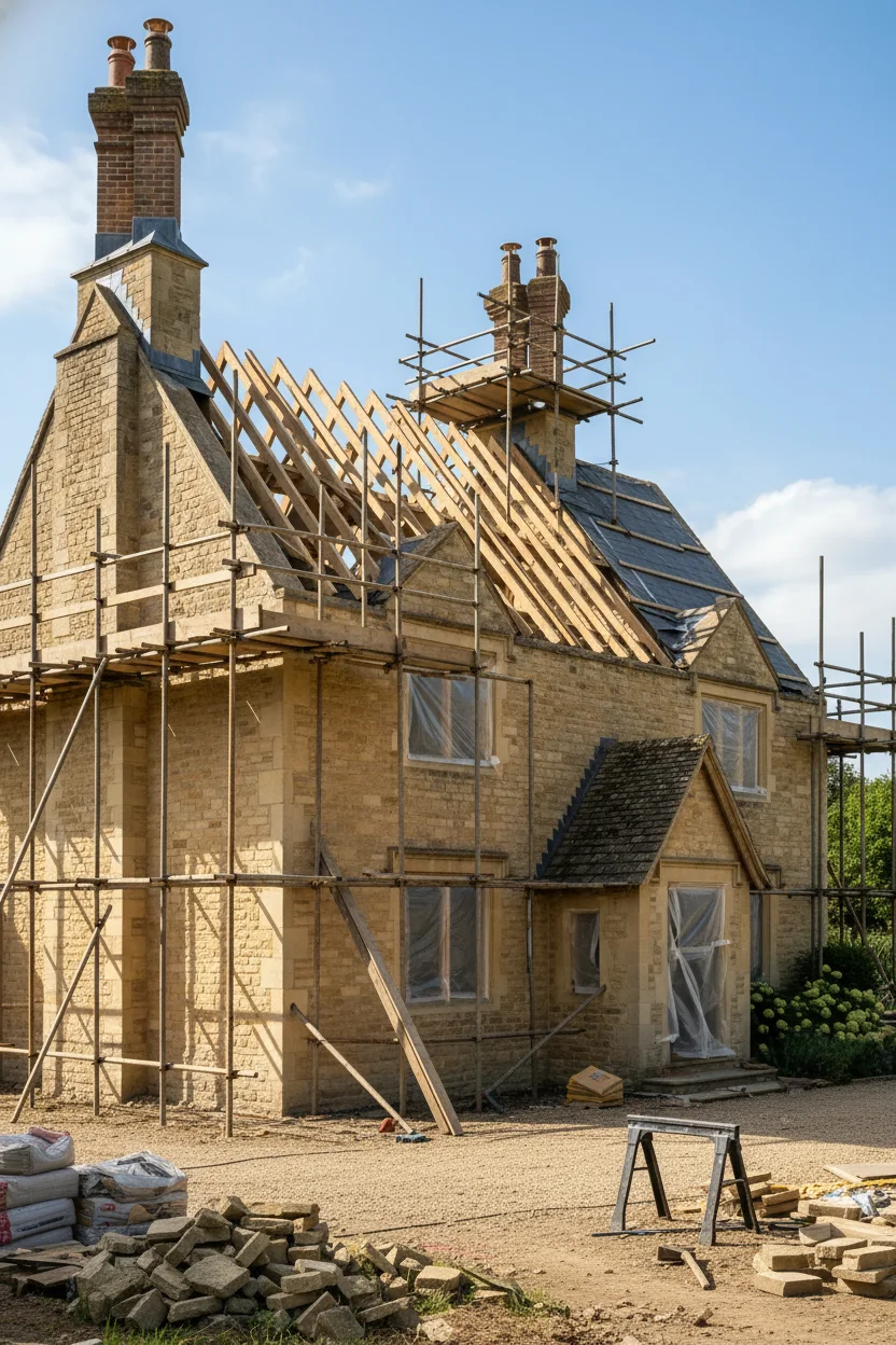English Country House Exterior cotswolds stone roof pitch design scene empty room