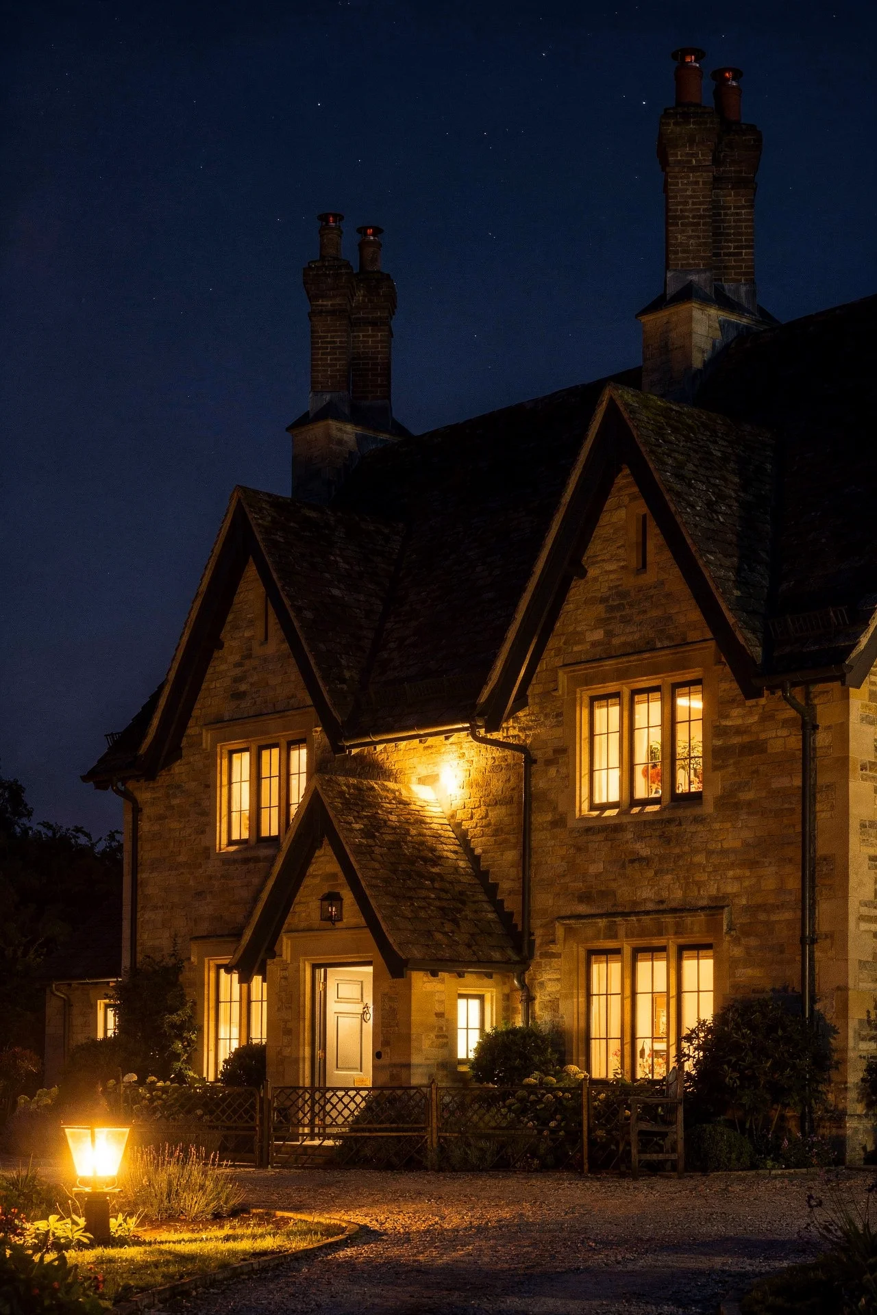 English Country House Exterior cotswolds stone roof pitch design scene evening mood