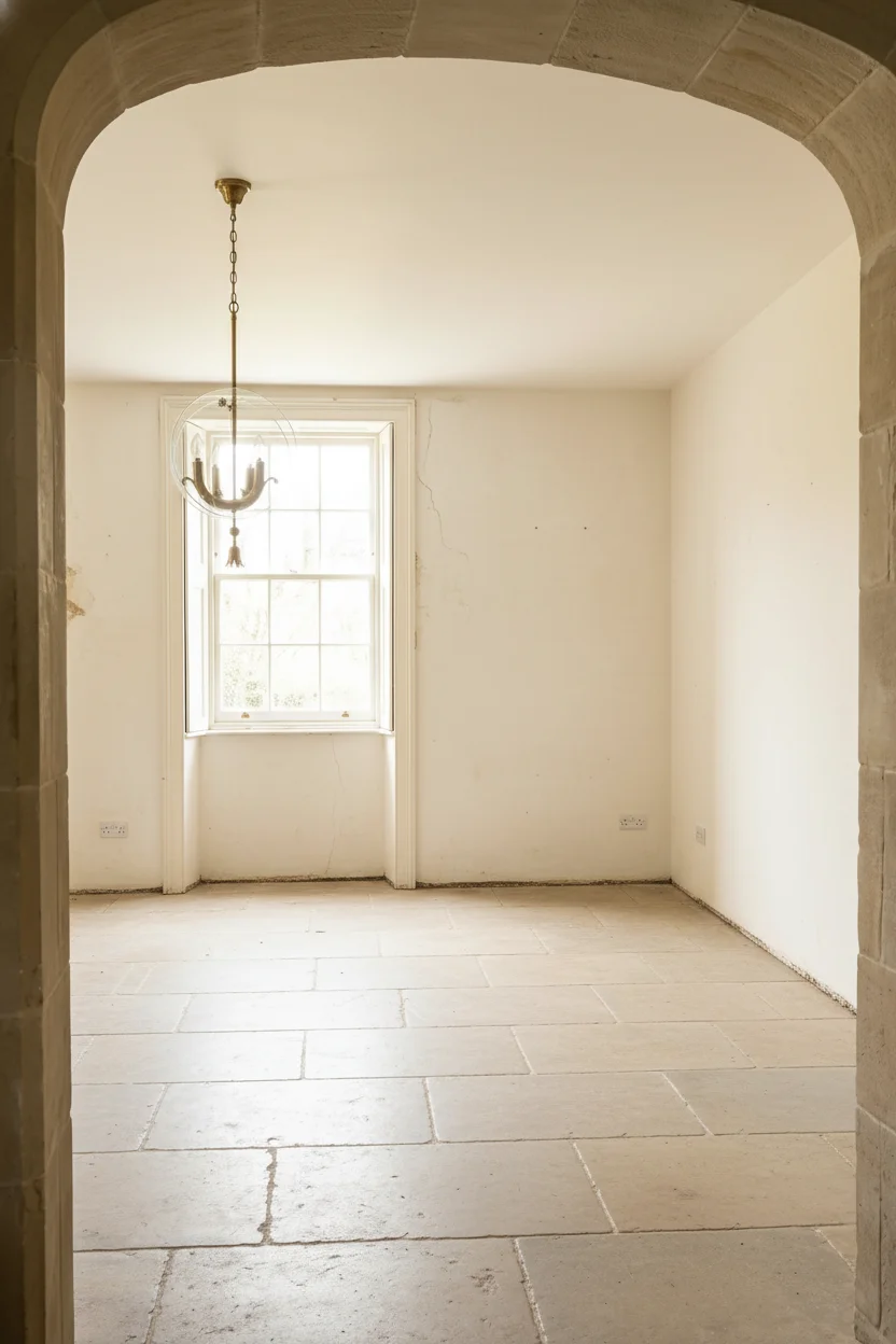 English country kitchen featuring antique oak Welsh dresser with brass pendant light and Turkish runner rug empty room