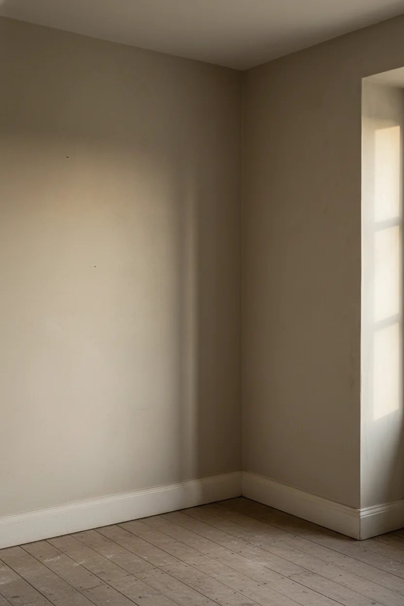 English country kitchen joinery detail with olive green Shaker cabinets and brass cup pulls empty room