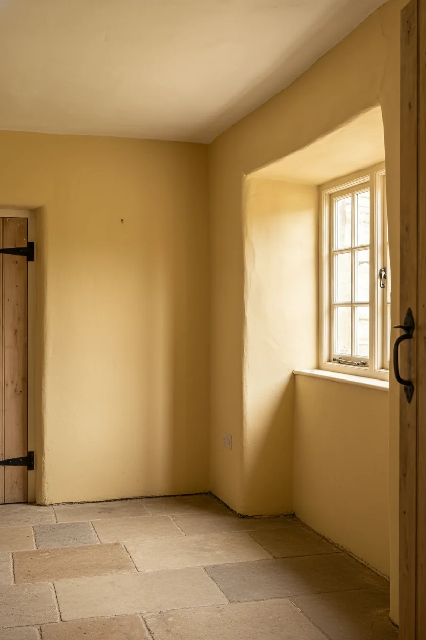 English country cottage kitchen with butter yellow walls and opaline schoolhouse pendant empty room
