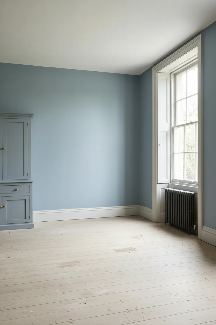English country kitchen featuring blue Welsh dresser with brass pendant lights and vintage Oushak rug empty room