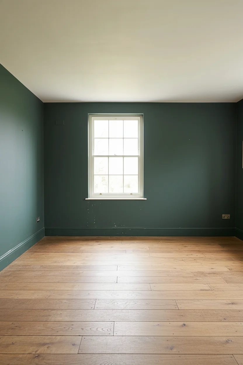 English country kitchen with Studio Green walls and cream Welsh dresser displaying green ironstone plates empty room
