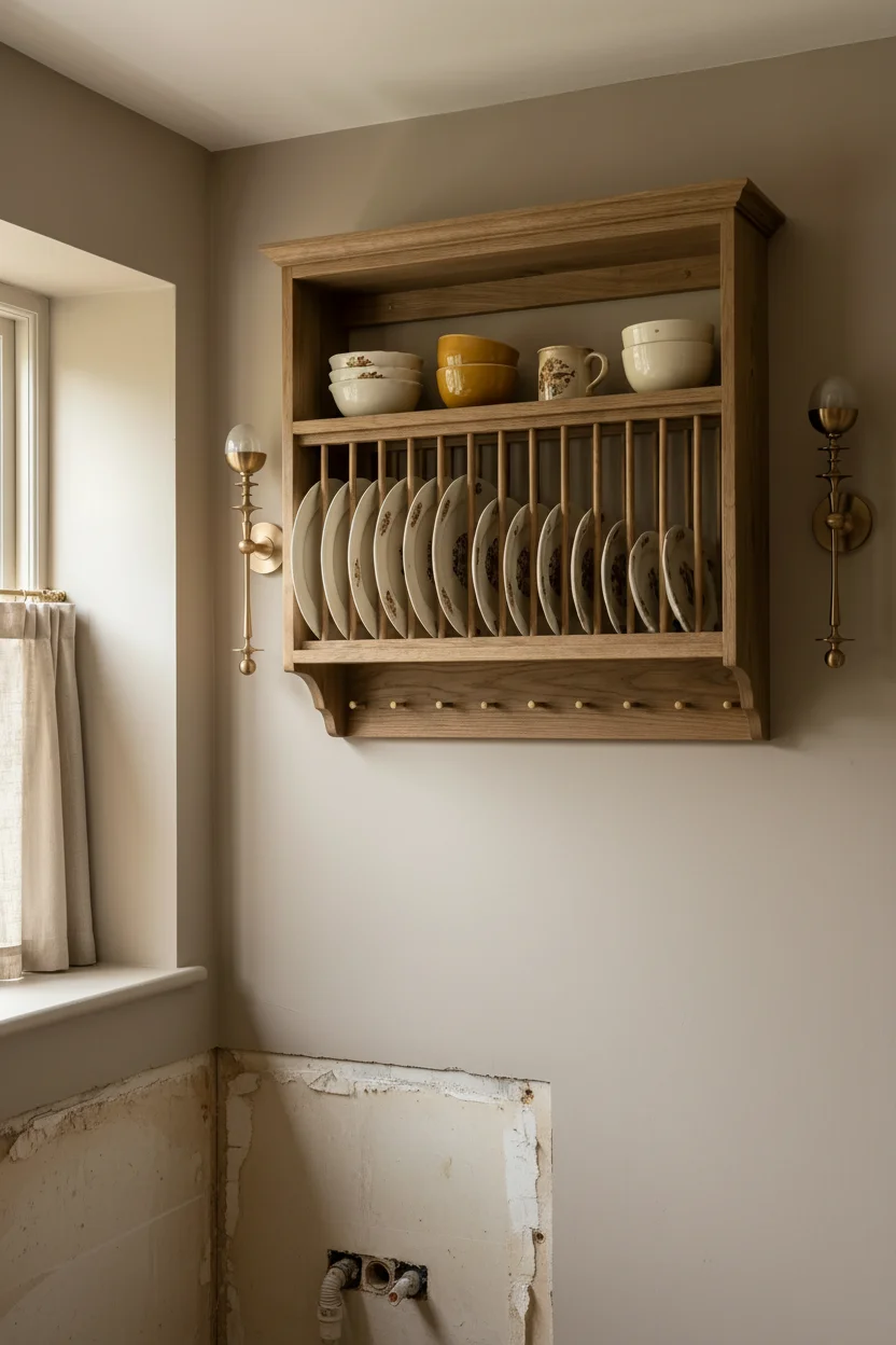 English country kitchen plate rack detail with brass wall sconces and antique porcelain plates empty room