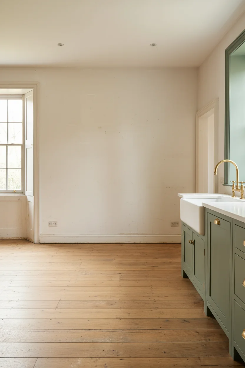 English Country Kitchen butler sink soapstone worktop design scene empty room