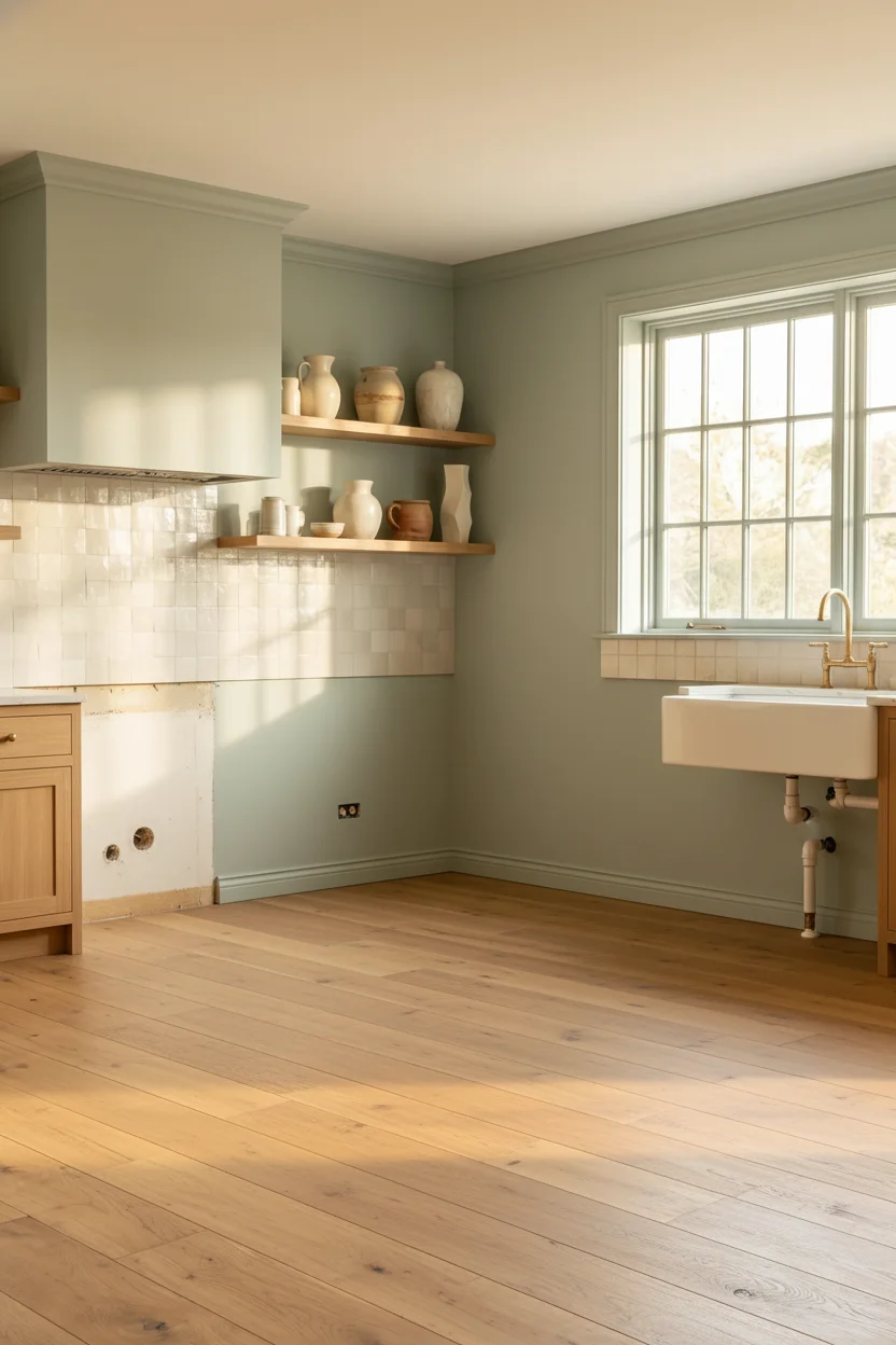 English Country Kitchen zellige tile backsplash kitchen design scene empty room