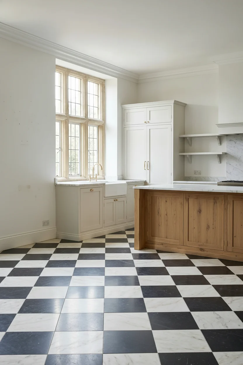 English Country Kitchen flagstone checkerboard kitchen floor design scene empty room