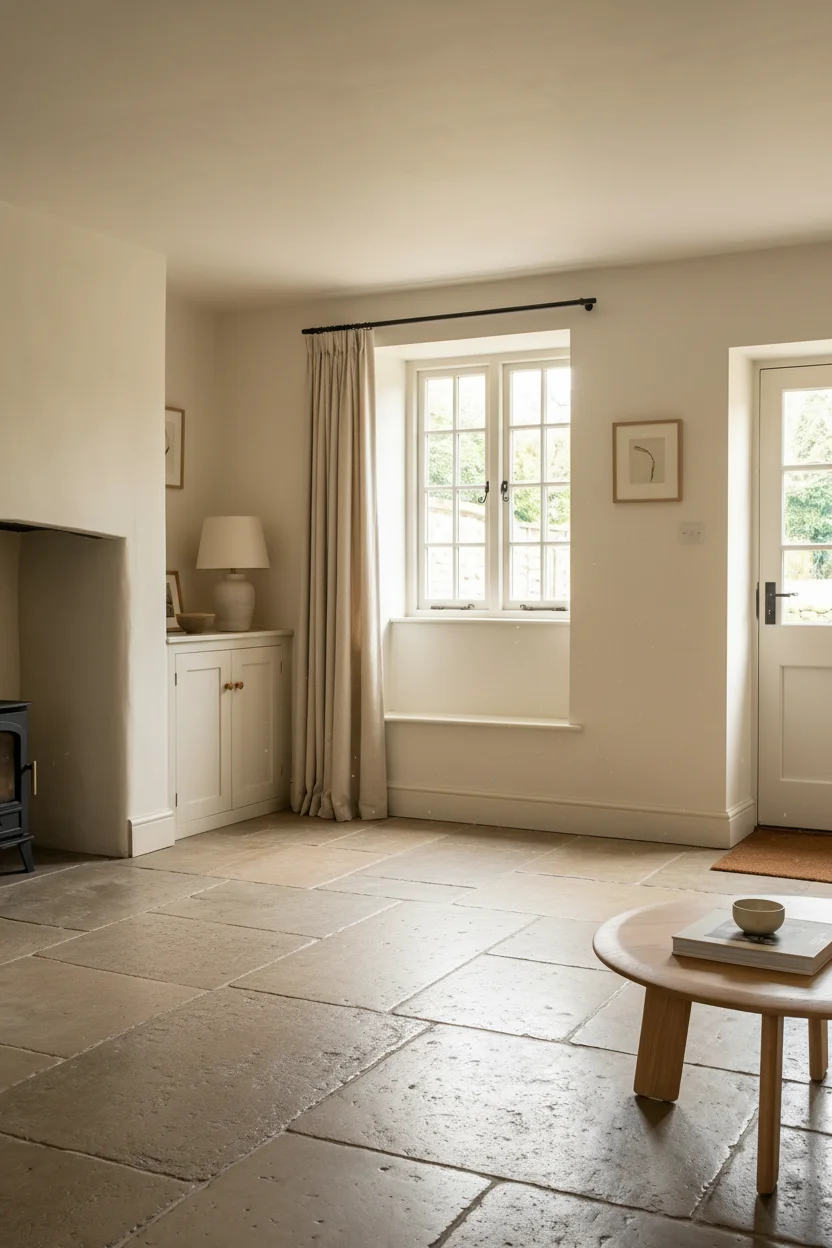 English Country Kitchen flagstone checkerboard kitchen floor design scene empty room