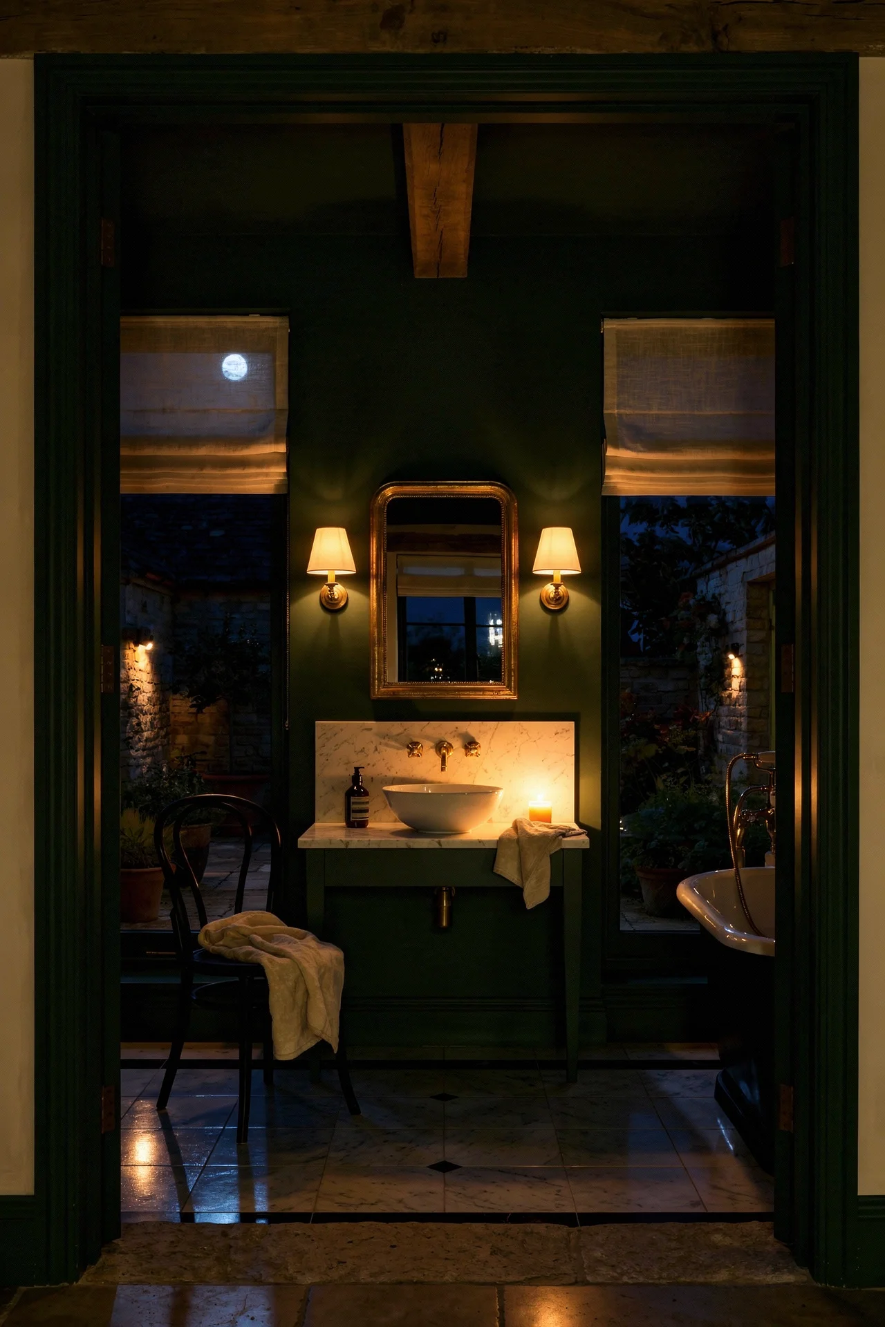 English Country Bathroom color drenching bathroom design scene evening mood