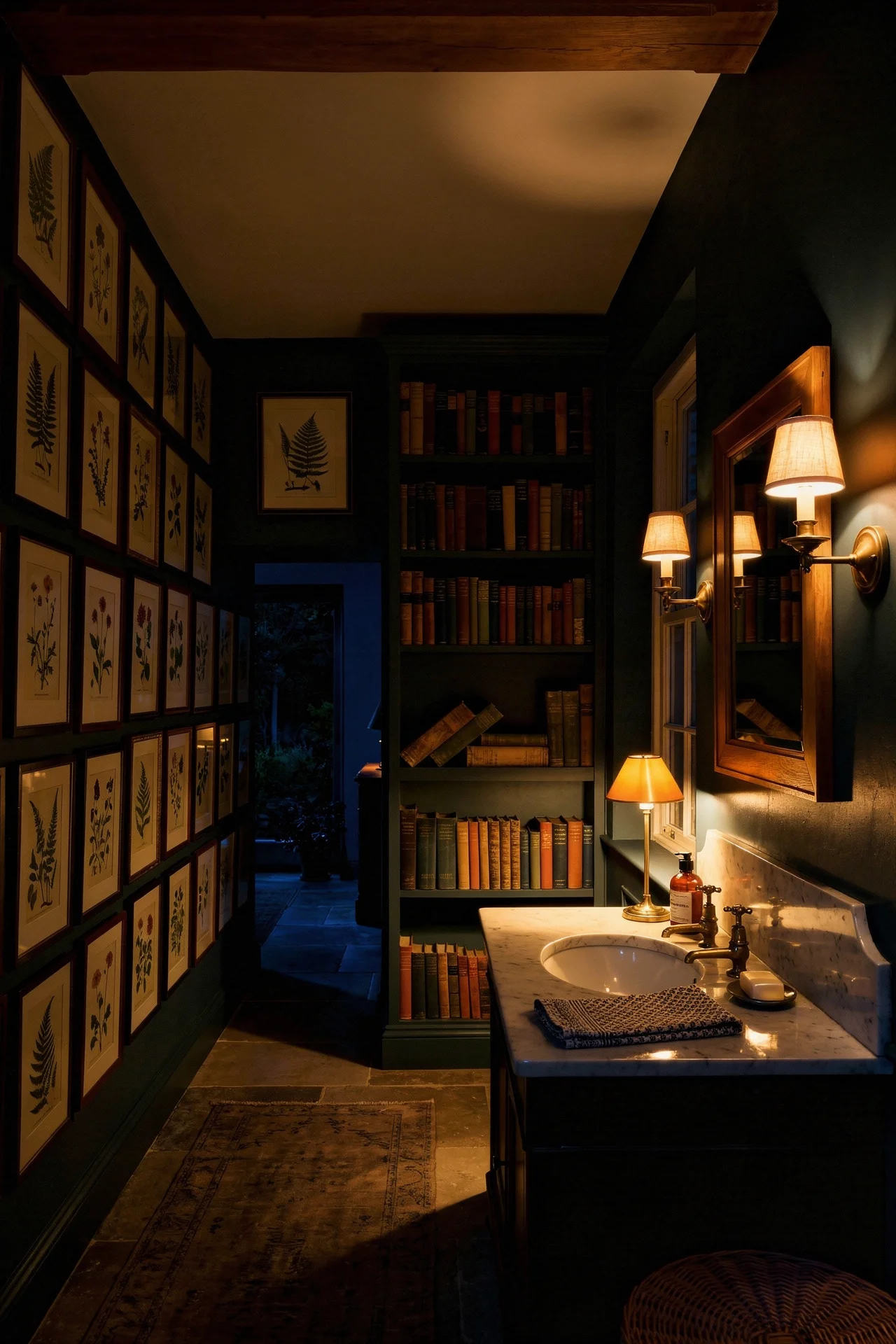 English Country Bathroom color drenching bathroom design scene evening mood