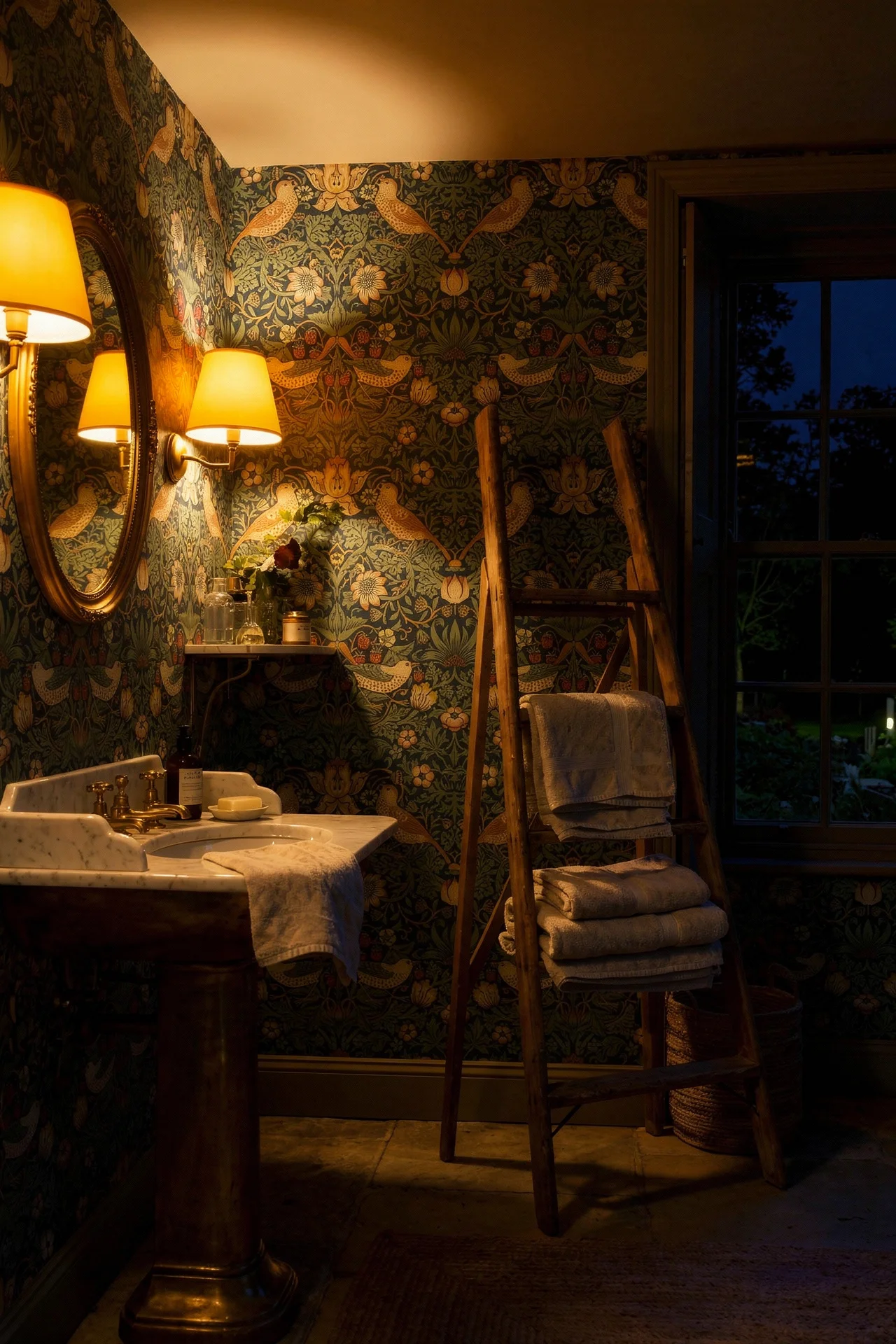 English Country Bathroom william morris wallpaper bathroom design scene evening mood