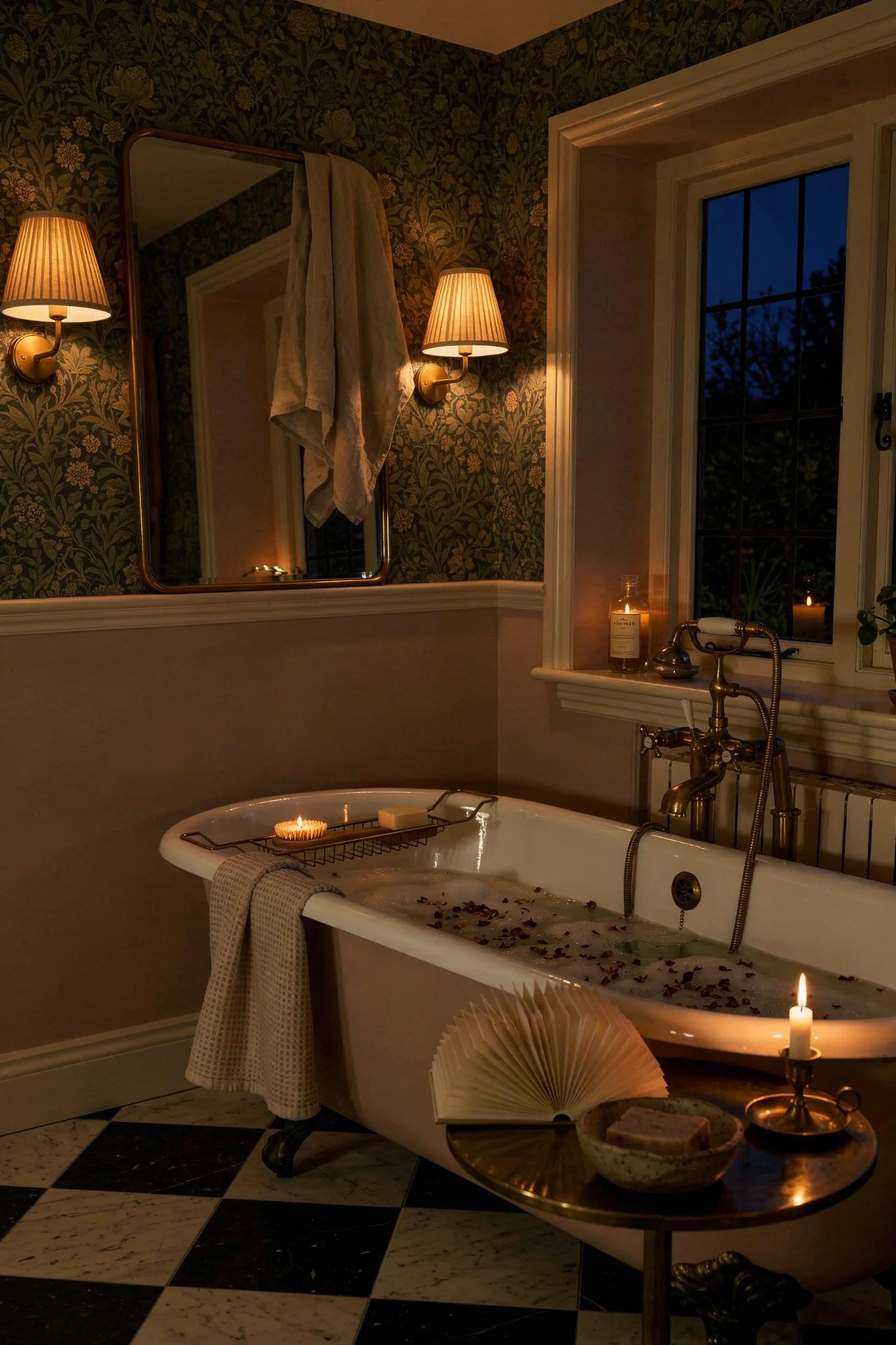 English Country Bathroom william morris wallpaper bathroom design scene evening mood