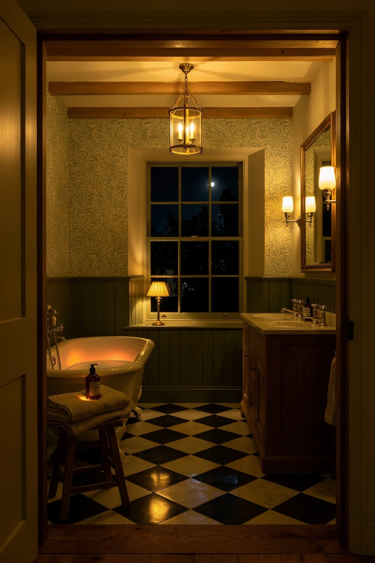 English Country Bathroom william morris wallpaper bathroom design scene evening mood