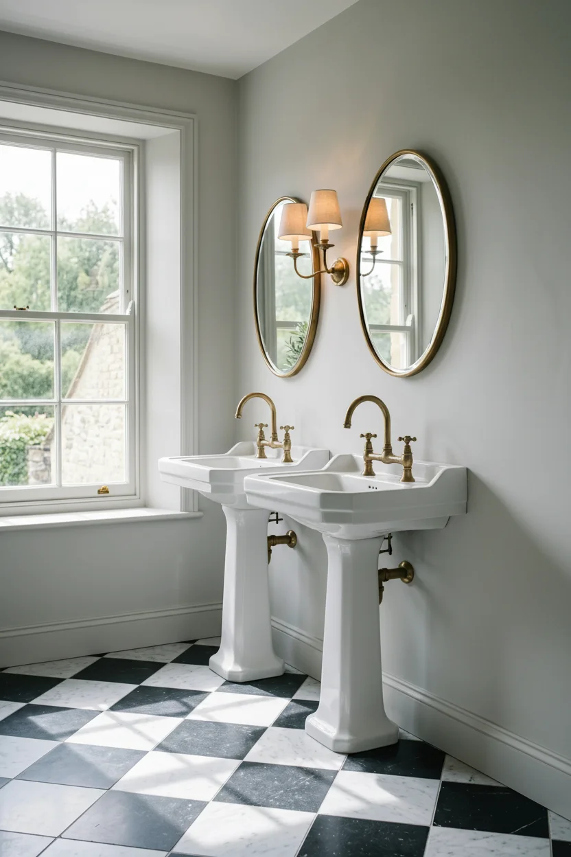 English Country Bathroom checkered marble bathroom floor design scene empty room
