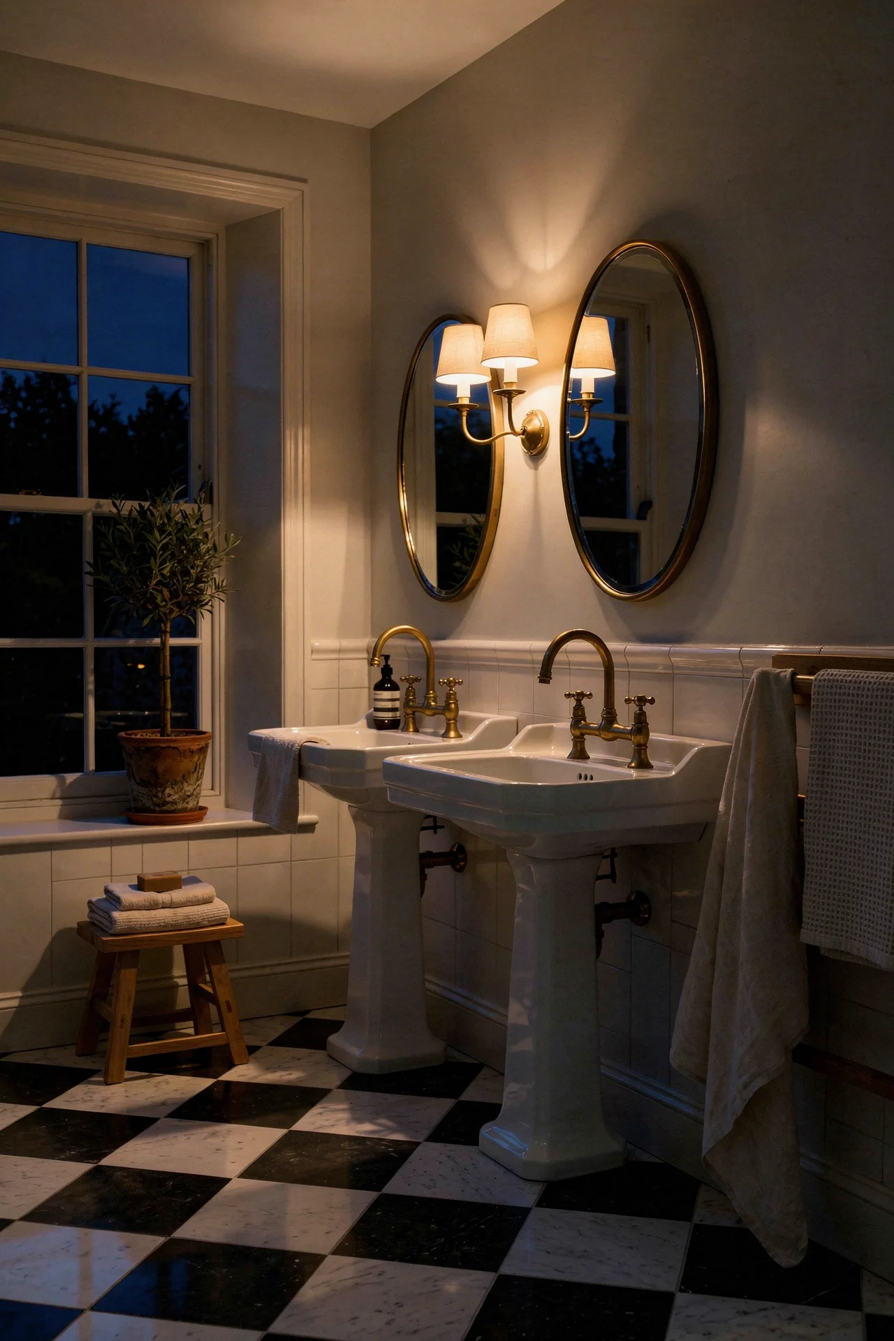 English Country Bathroom checkered marble bathroom floor design scene evening mood