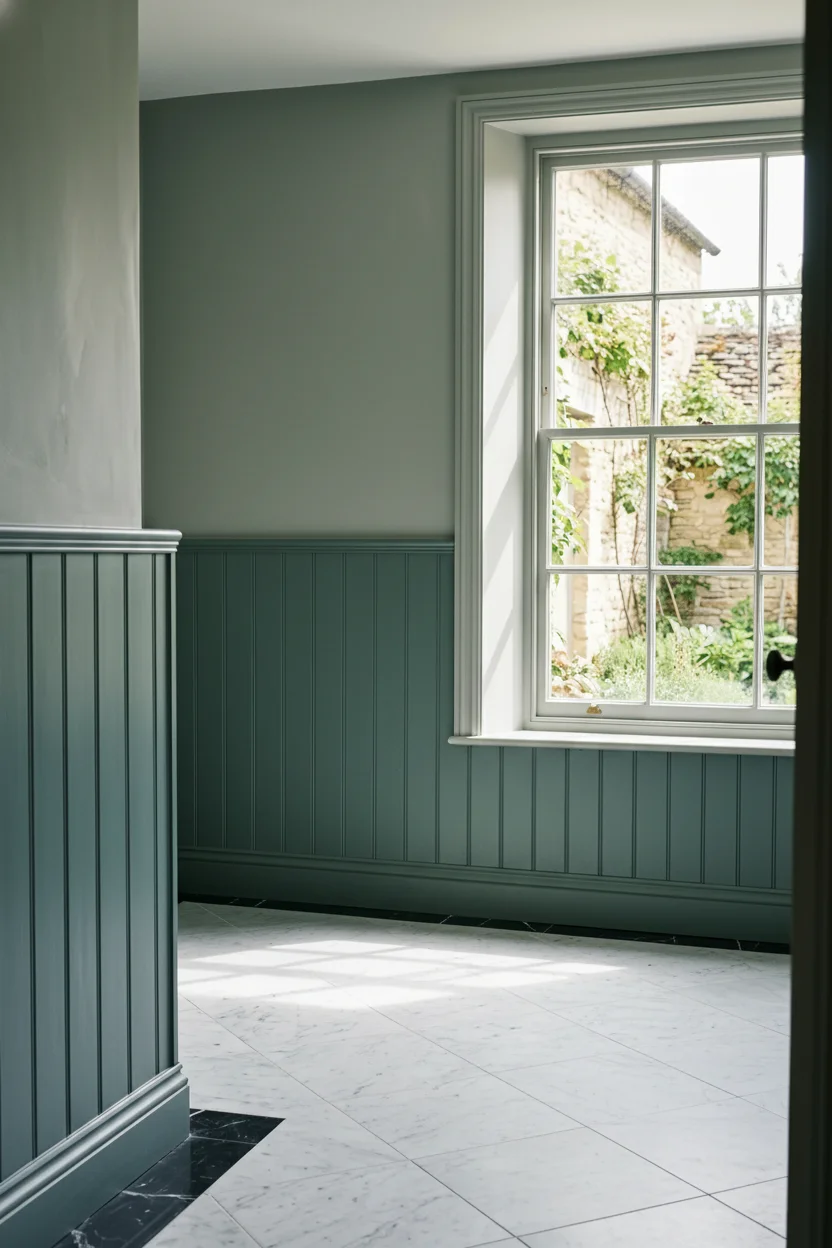English Country Bathroom checkered marble bathroom floor design scene empty room