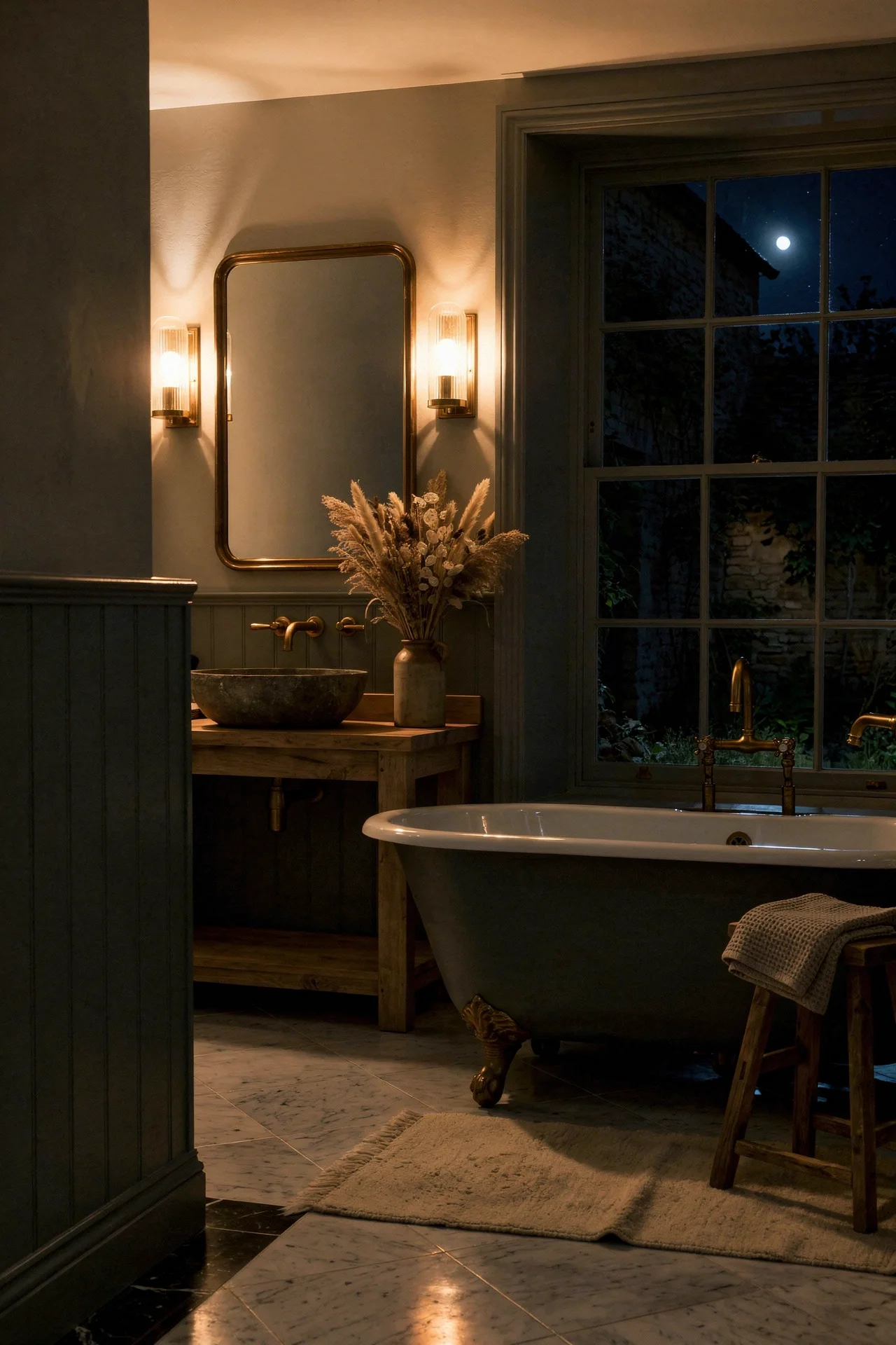 English Country Bathroom checkered marble bathroom floor design scene evening mood