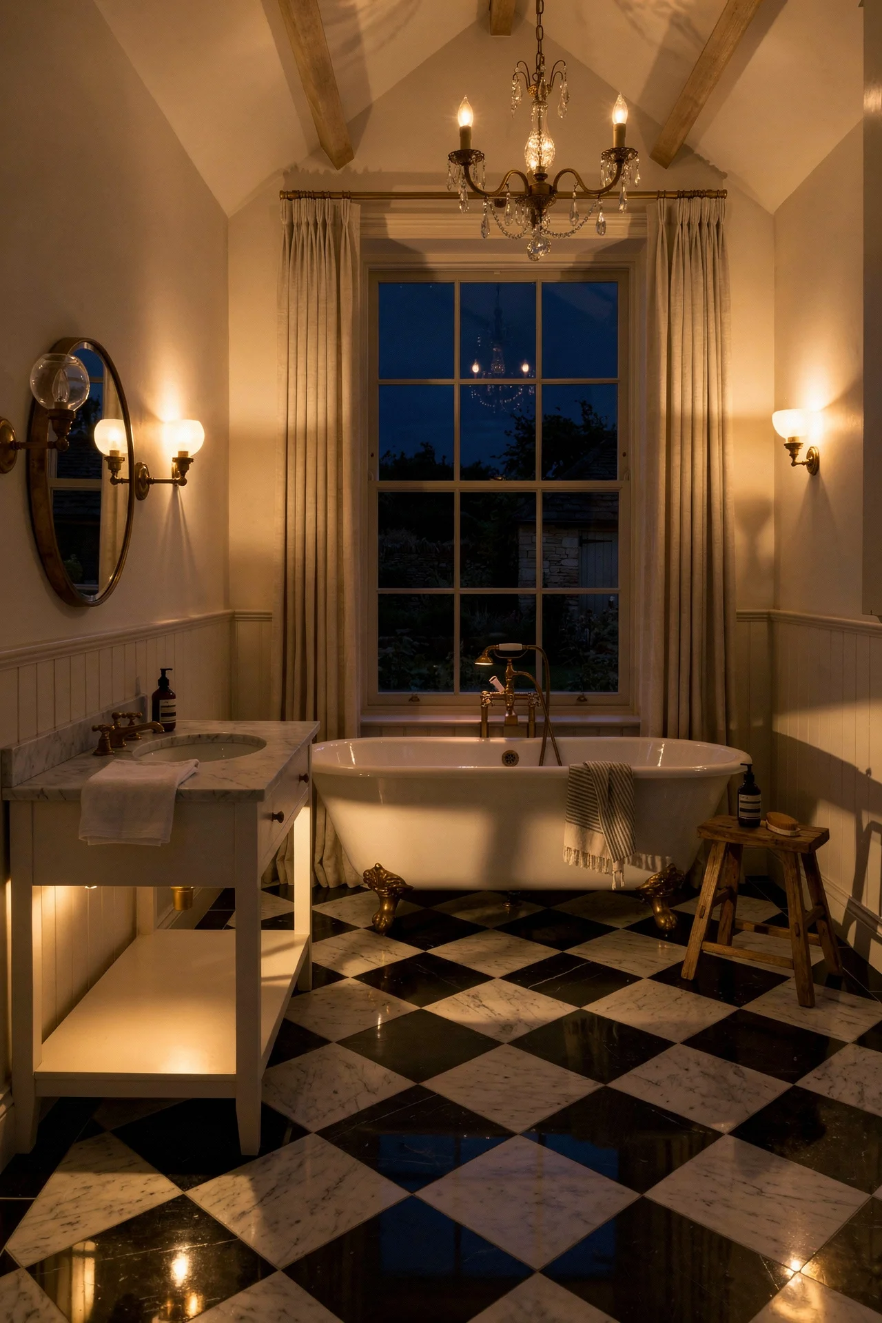 English Country Bathroom checkered marble bathroom floor design scene evening mood