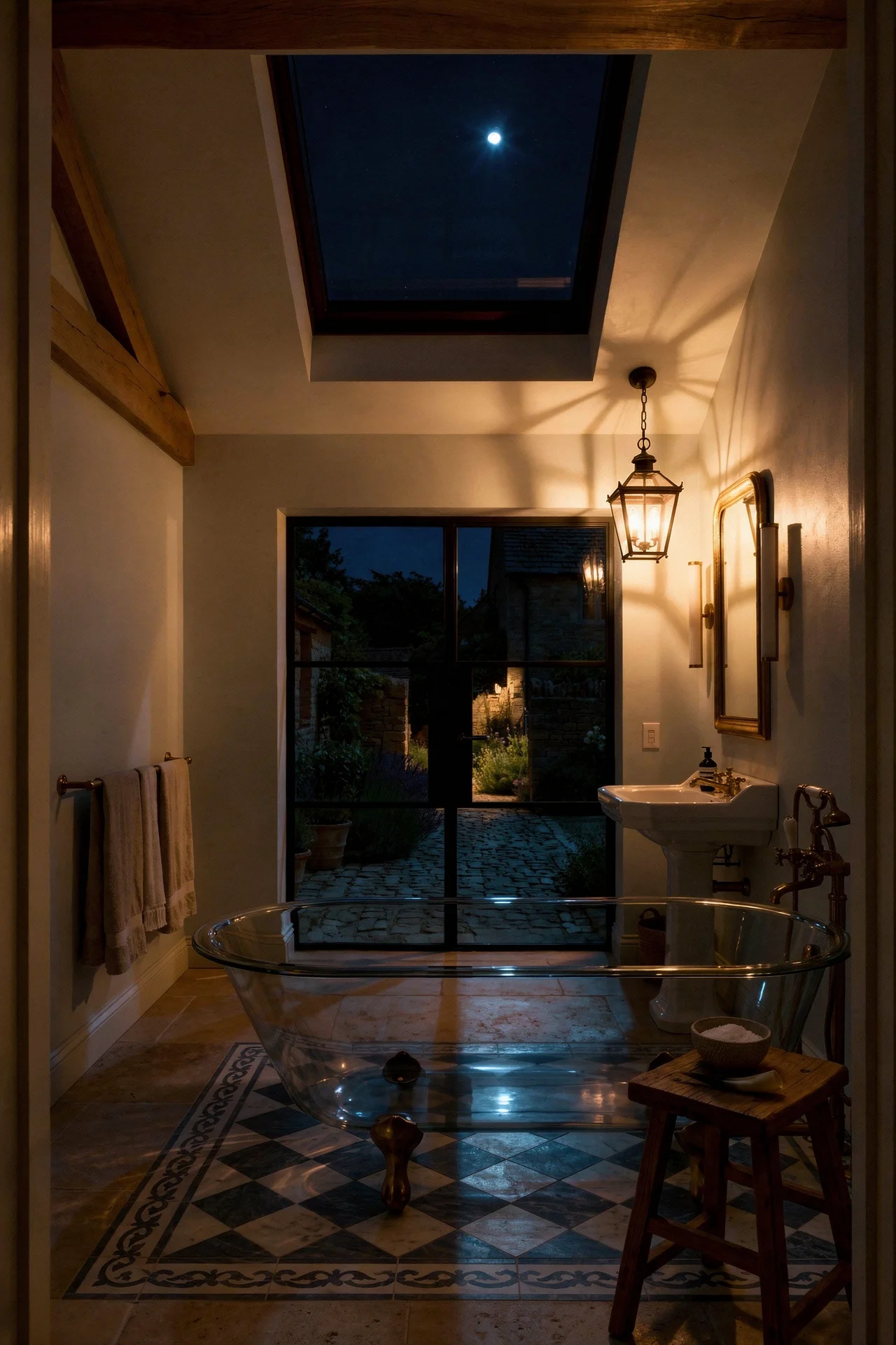 English Country Bathroom clawfoot tub material design scene evening mood