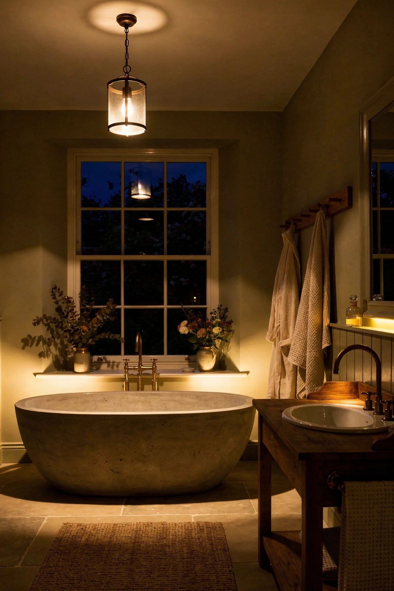 English Country Bathroom clawfoot tub material design scene evening mood
