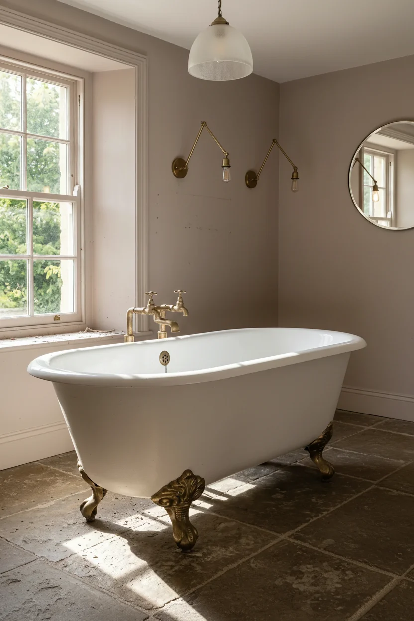 English Country Bathroom clawfoot tub material design scene empty room