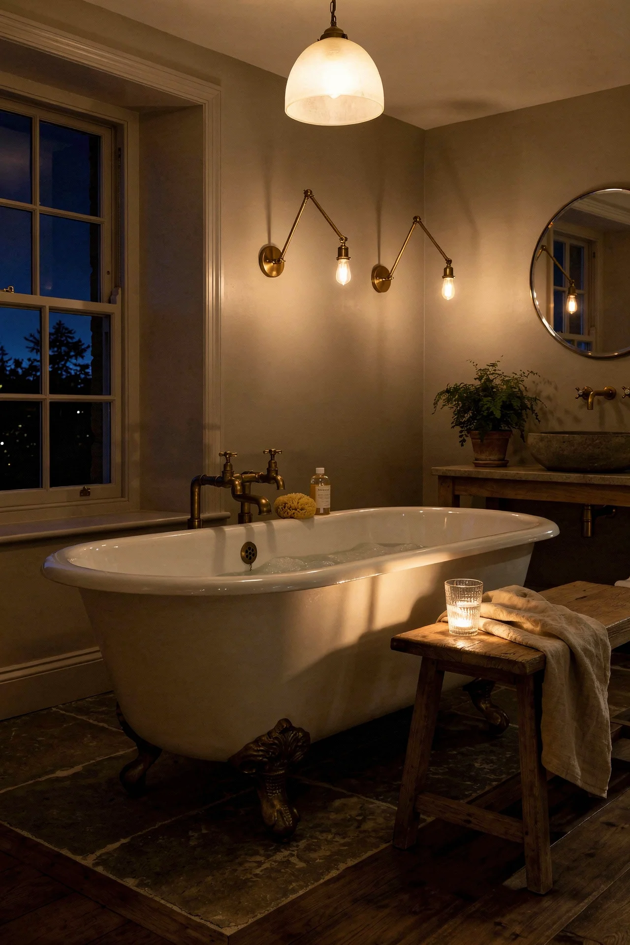 English Country Bathroom clawfoot tub material design scene evening mood