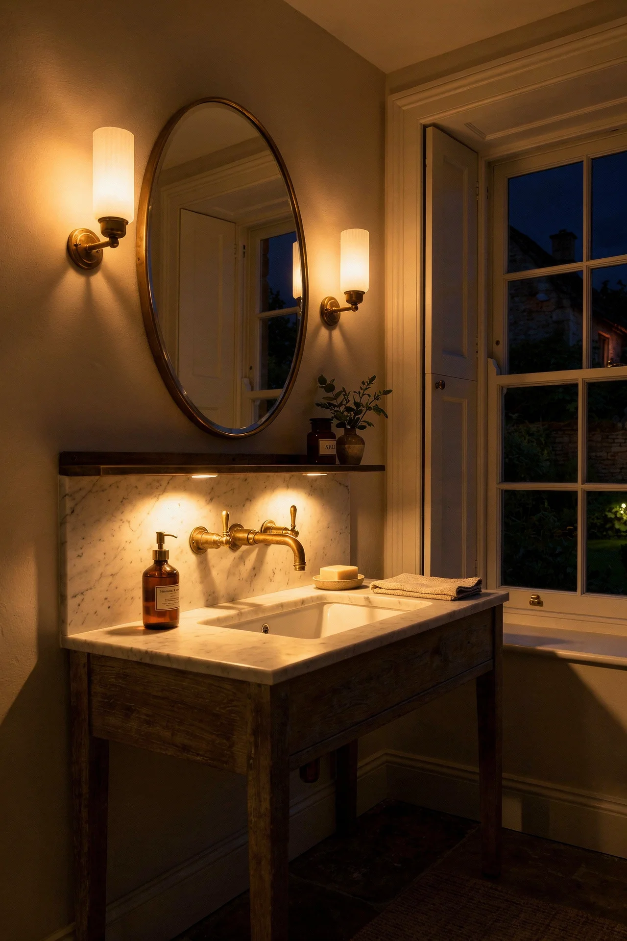English Country Bathroom unlacquered brass bathroom design scene evening mood