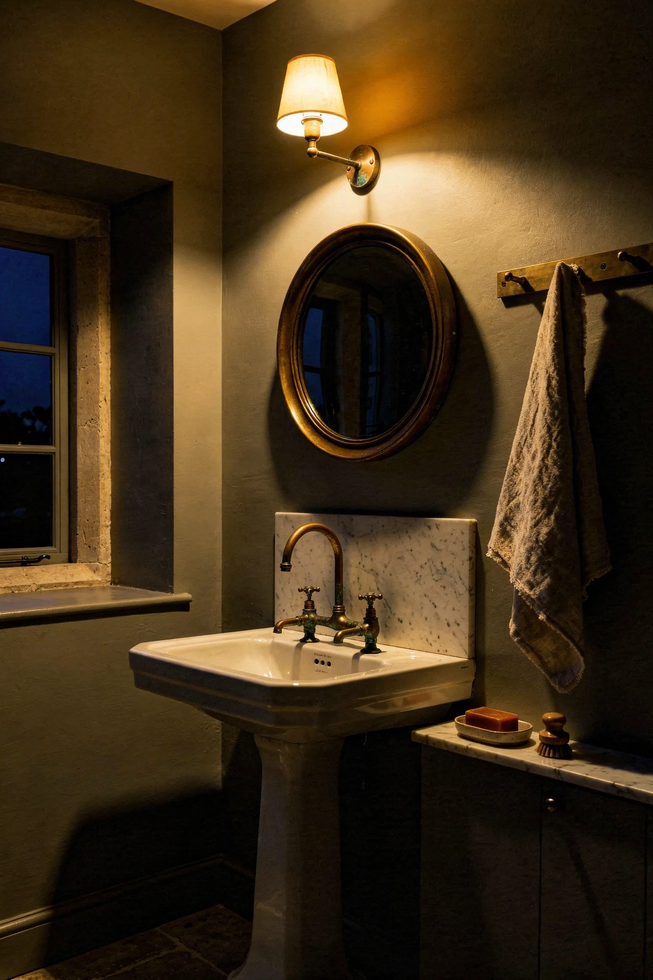 English Country Bathroom unlacquered brass bathroom design scene evening mood