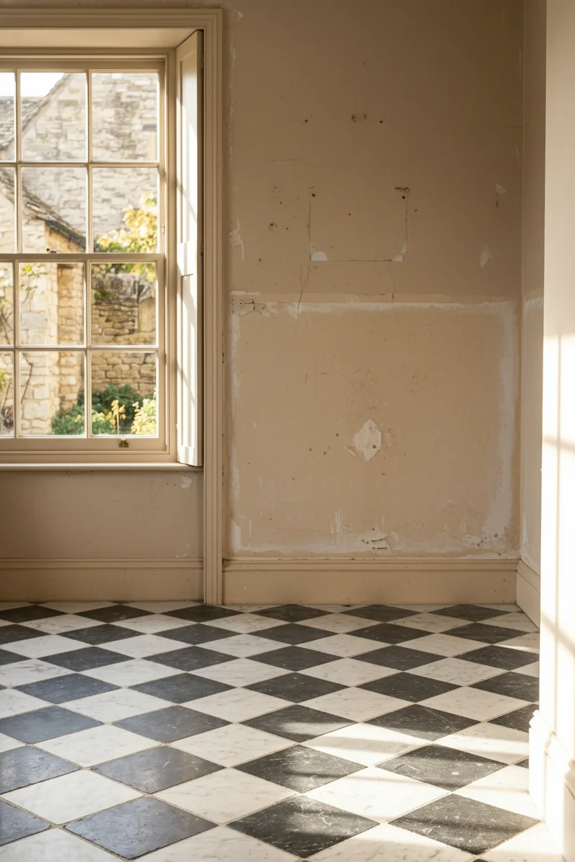 English Country Bathroom unlacquered brass bathroom design scene empty room