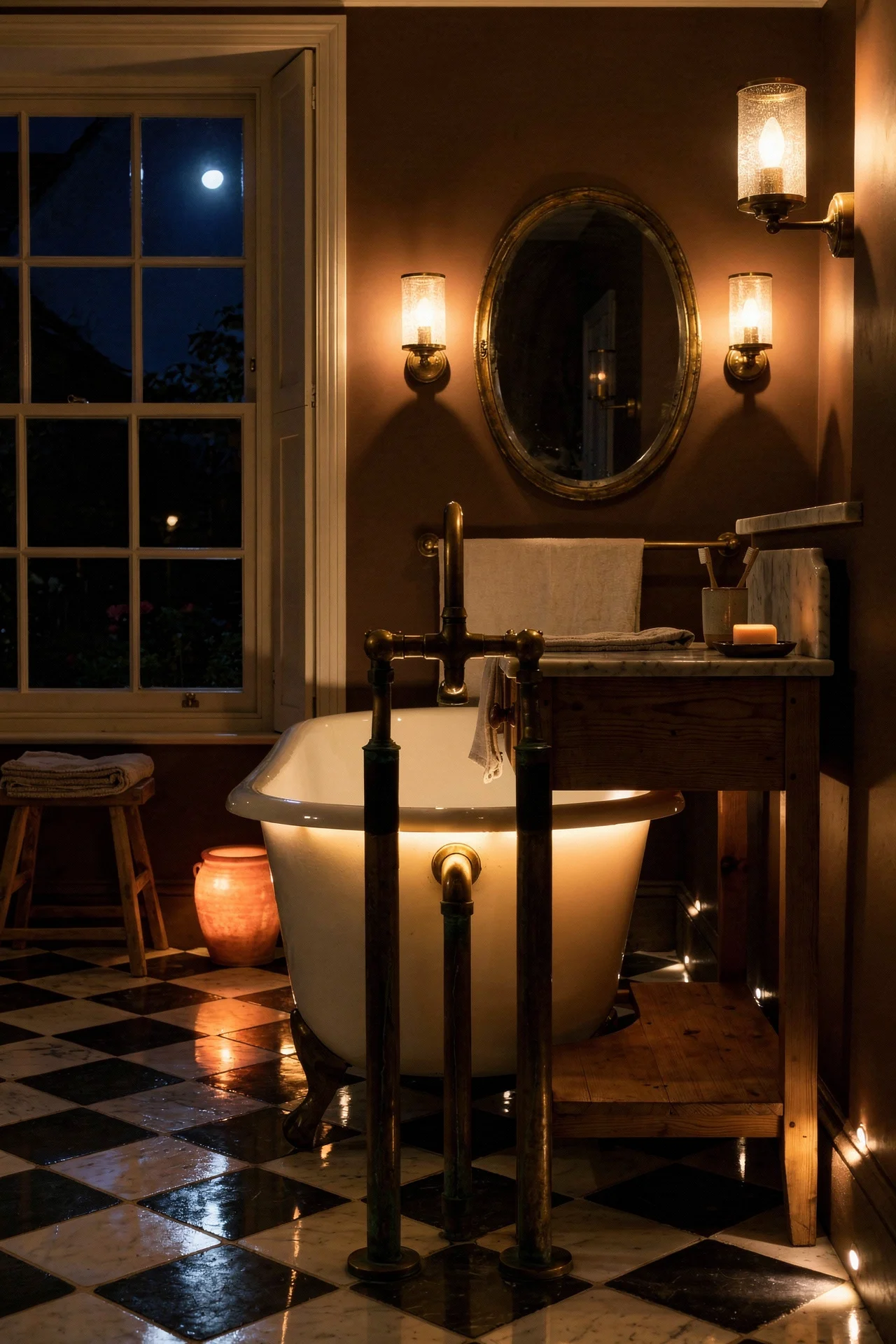 English Country Bathroom unlacquered brass bathroom design scene evening mood