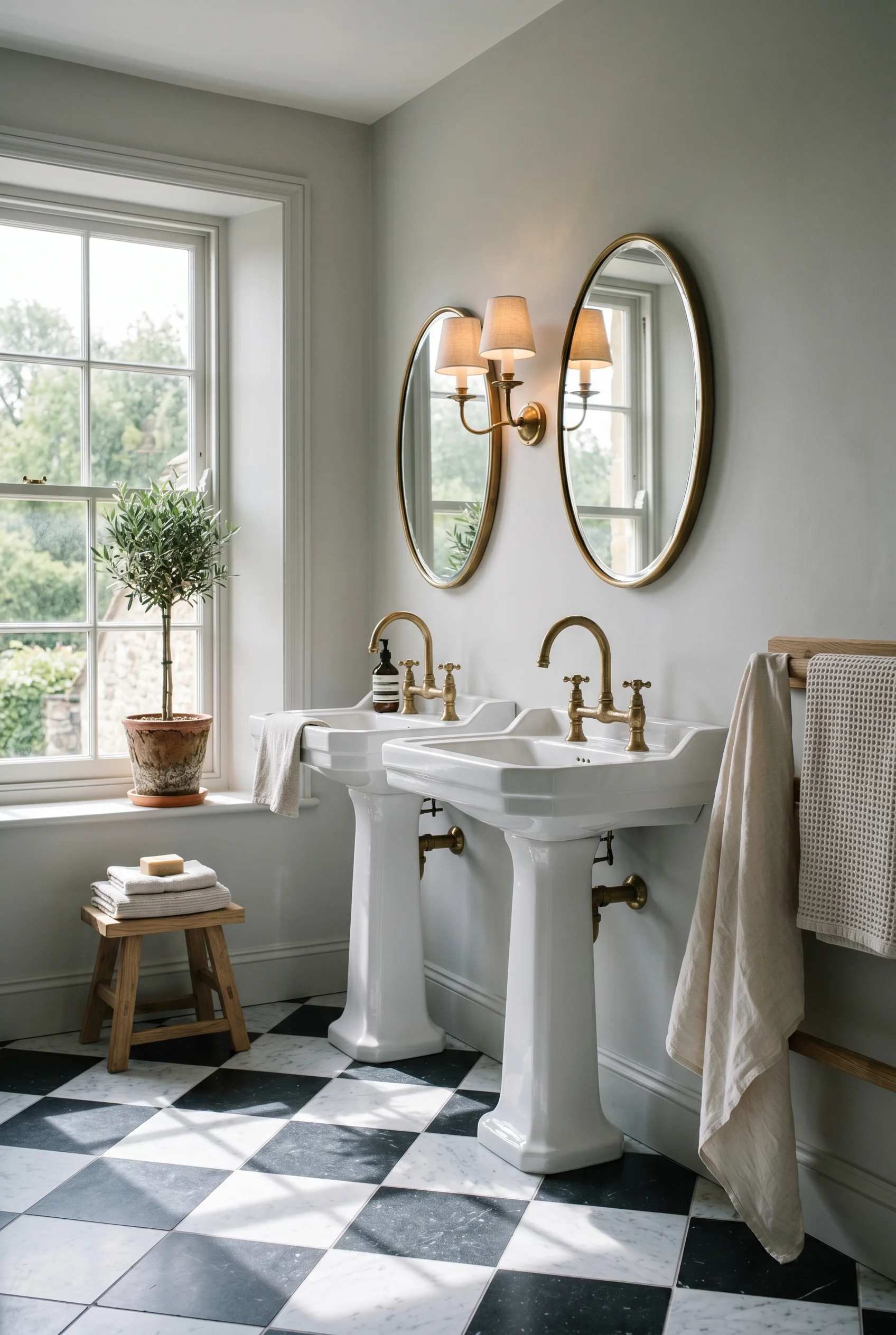 English Country Bathroom checkered marble bathroom floor design scene
