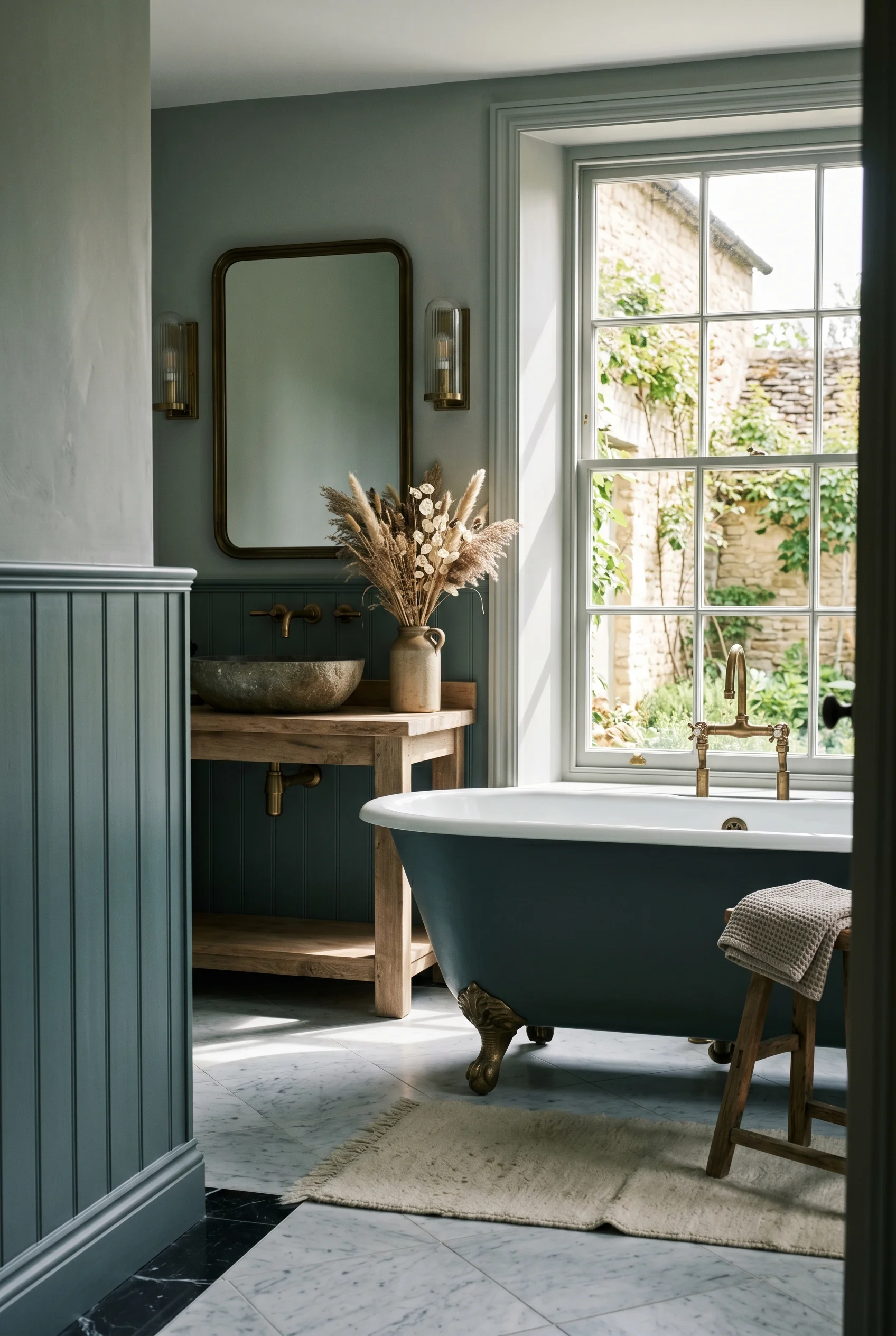 English Country Bathroom checkered marble bathroom floor design scene