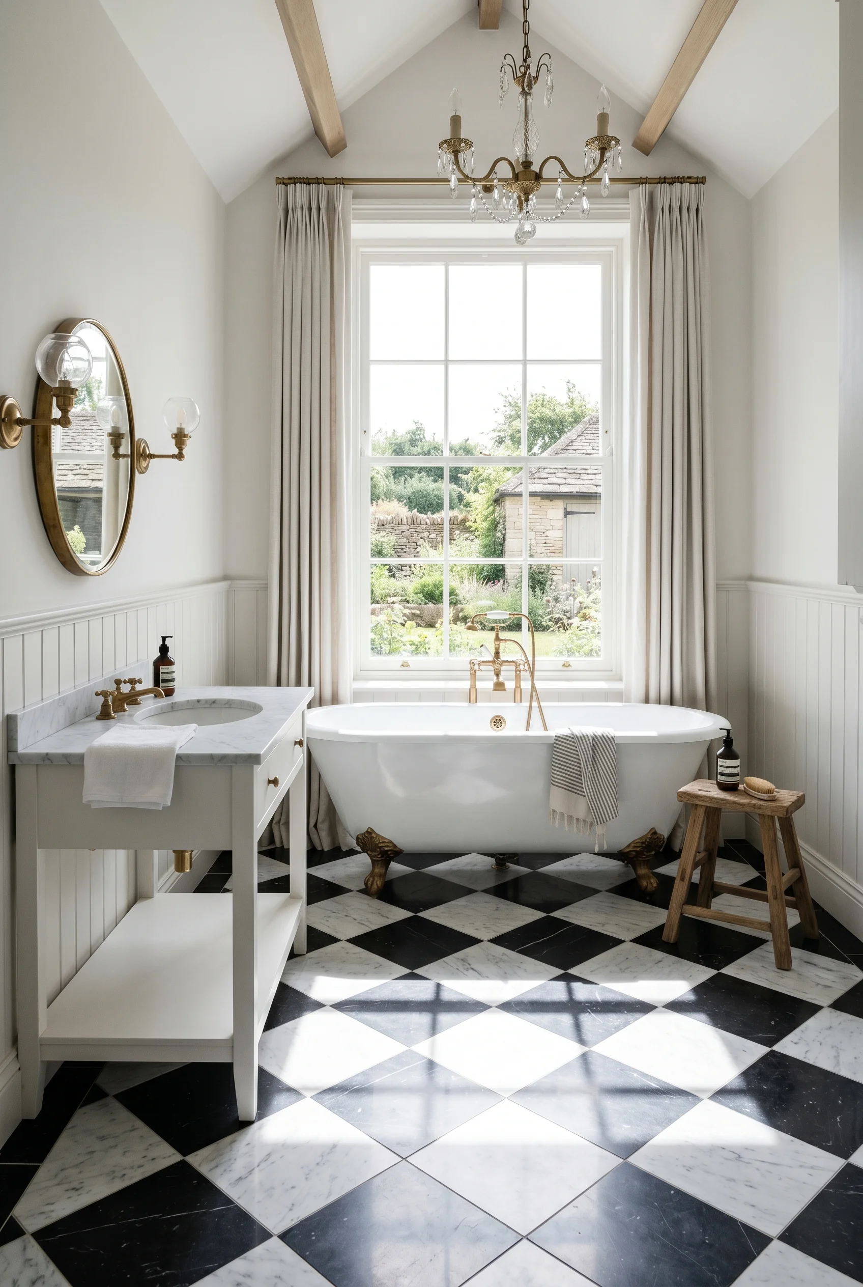 English Country Bathroom checkered marble bathroom floor design scene