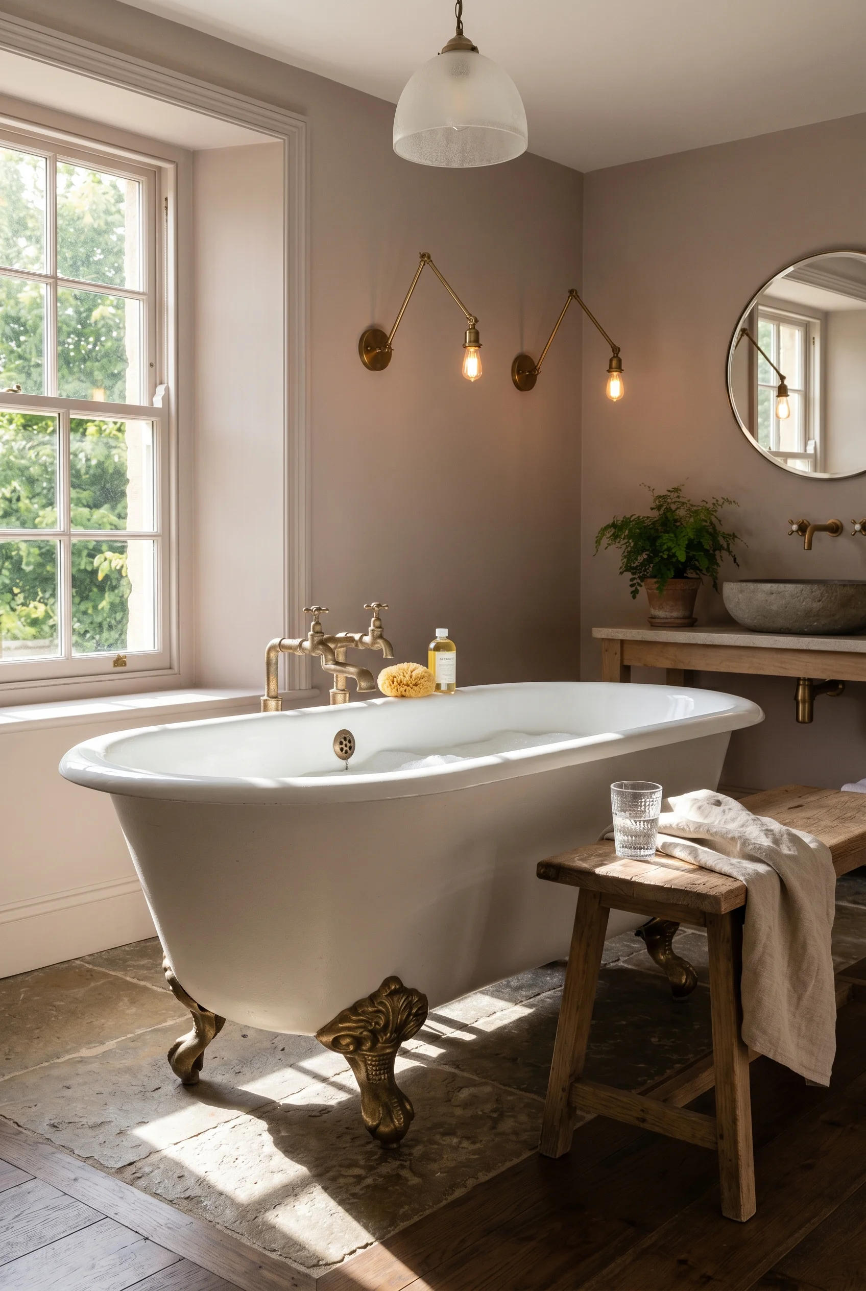 English Country Bathroom clawfoot tub material design scene
