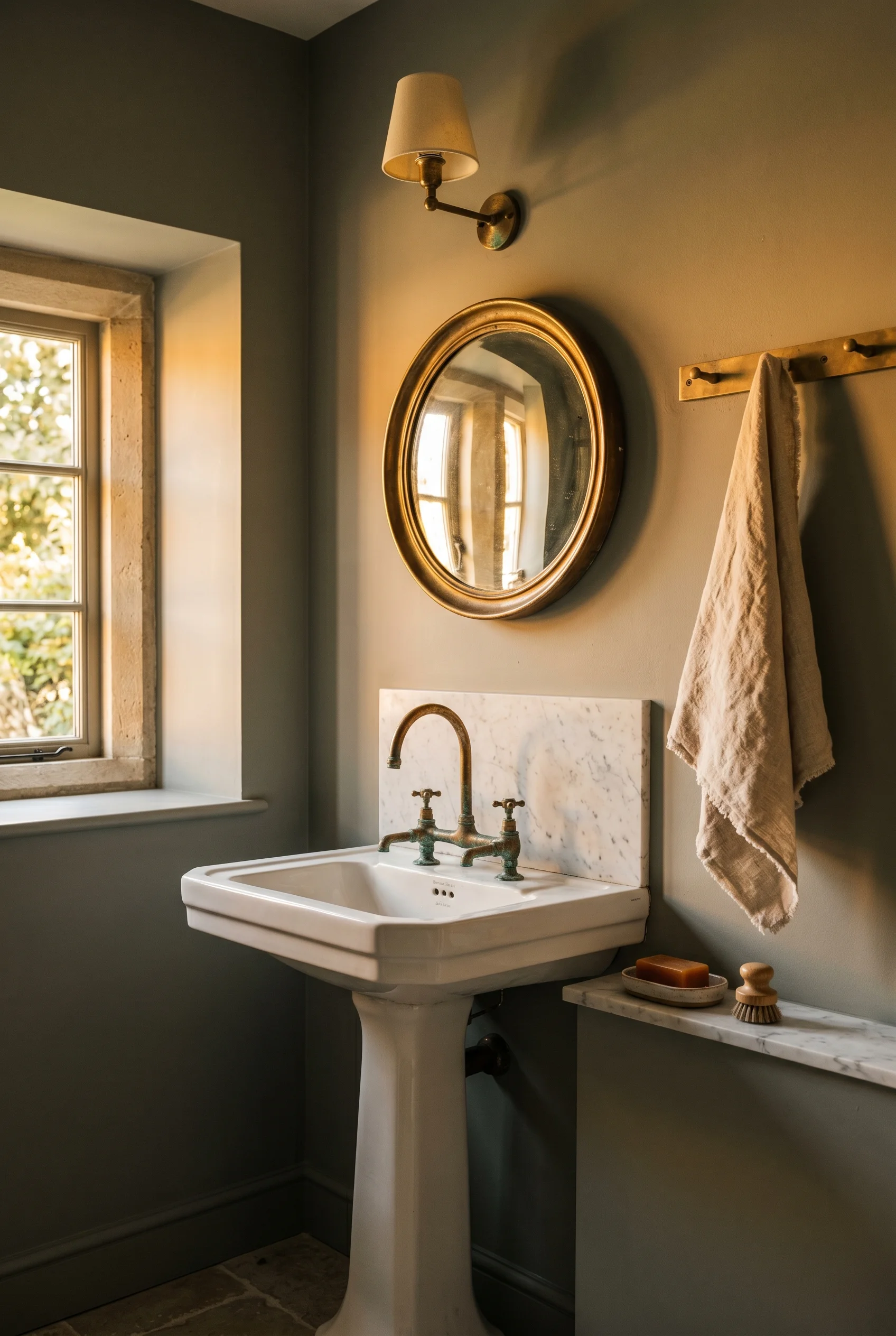 English Country Bathroom unlacquered brass bathroom design scene