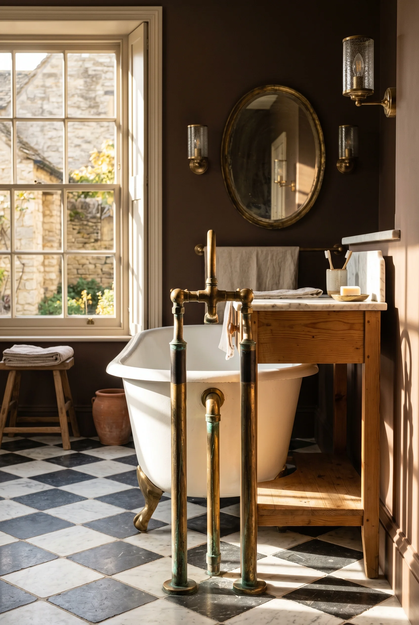 English Country Bathroom unlacquered brass bathroom design scene