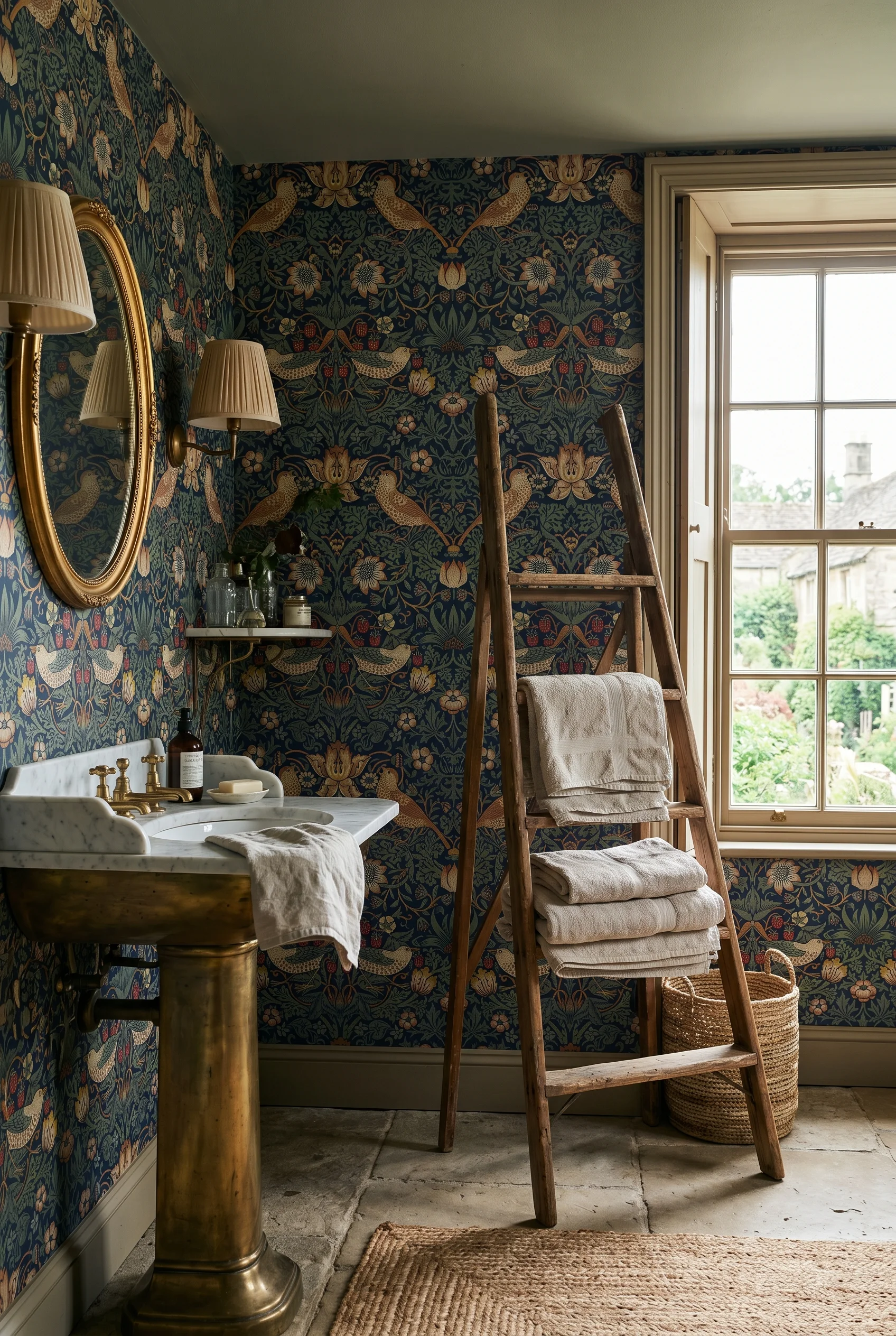 English Country Bathroom william morris wallpaper bathroom design scene