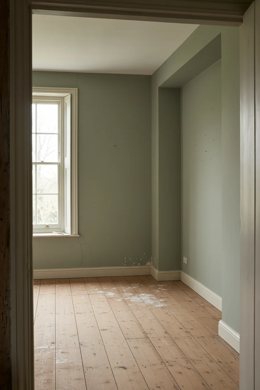 English Country Bedroom featuring iron four poster bed with brass swing arm sconce on sage green walls empty room