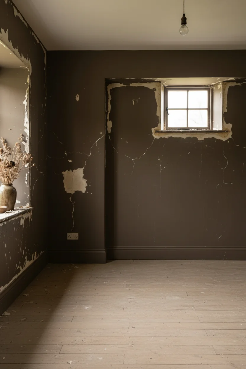 English Country Bedroom featuring turned leg bed with rattan bench and pleated pendant on clay brown walls empty room