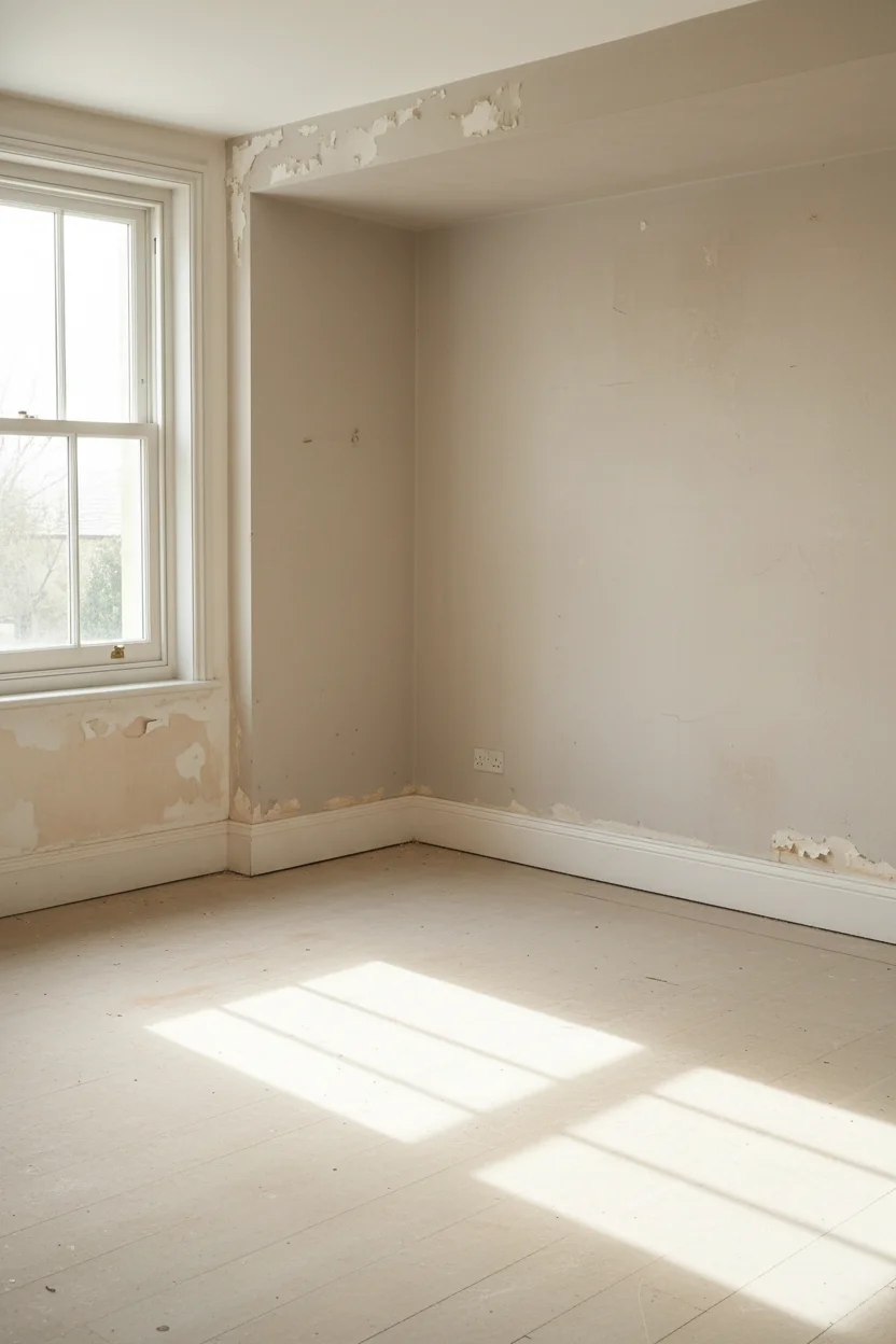 English Country Bedroom featuring caned headboard bed with pleated wall sconce on inky blue walls empty room