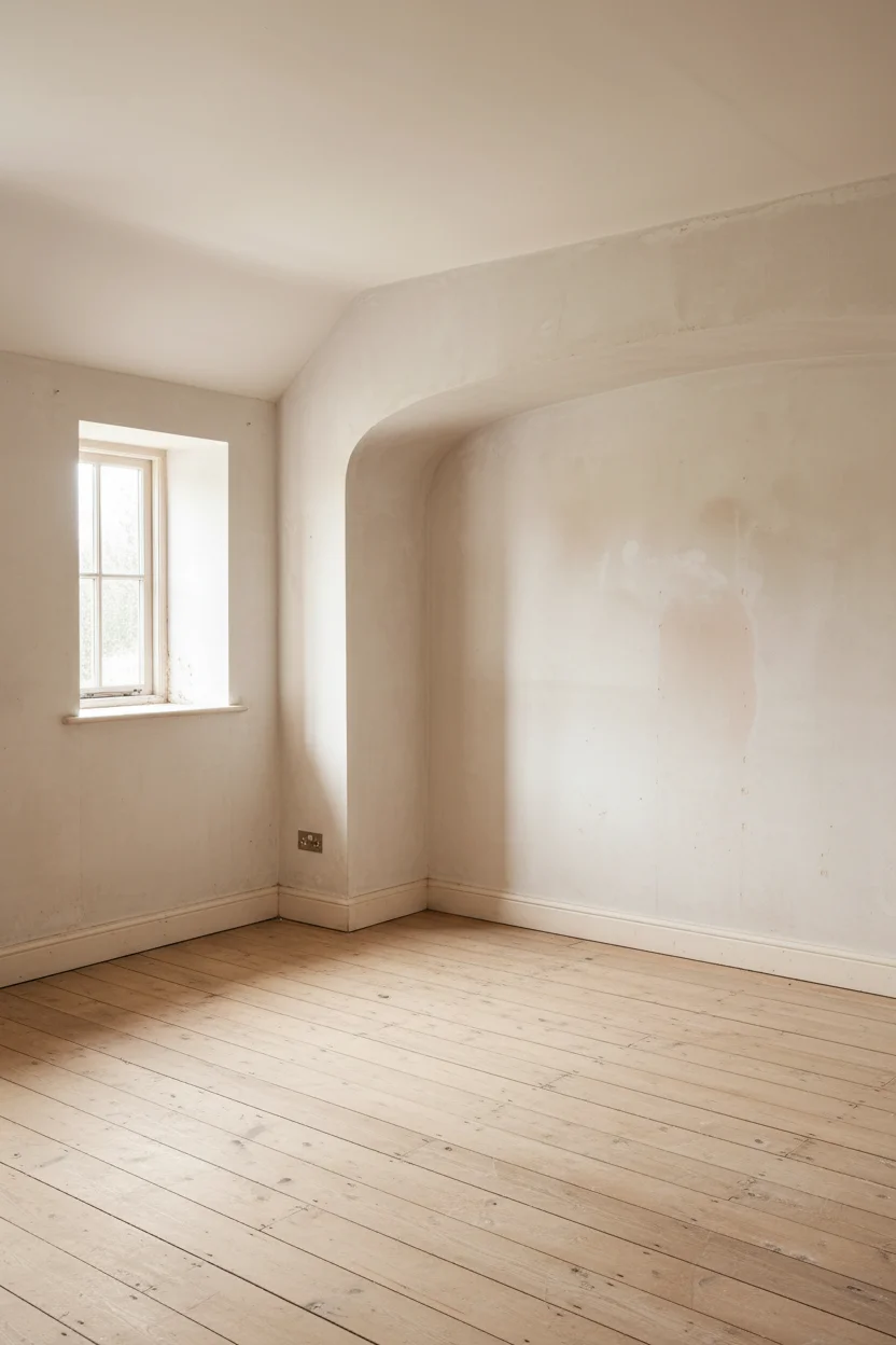 English Country Bedroom featuring handmade oak bed frame with dusty pink linen curtain accents empty room