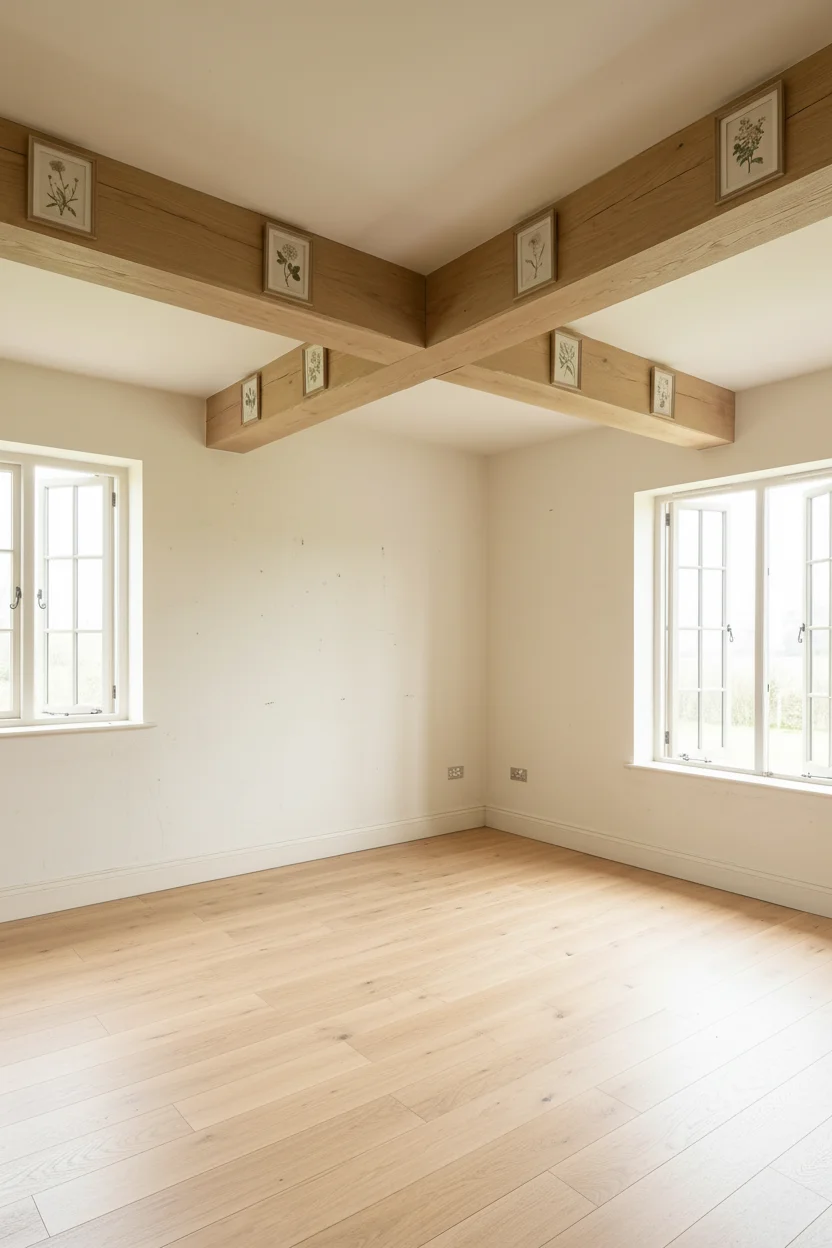 English Country Bedroom featuring cream walls with scrubbed pine four poster bed and jute rug empty room